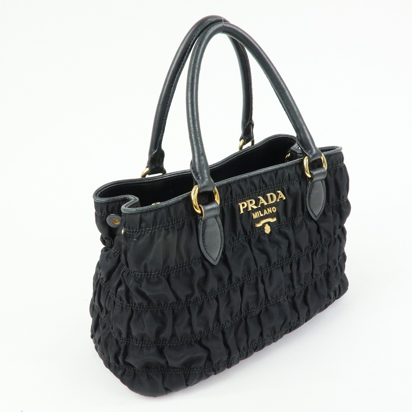 PRADA Nylon Leather Gathered Tote Bag Hand Bag Black