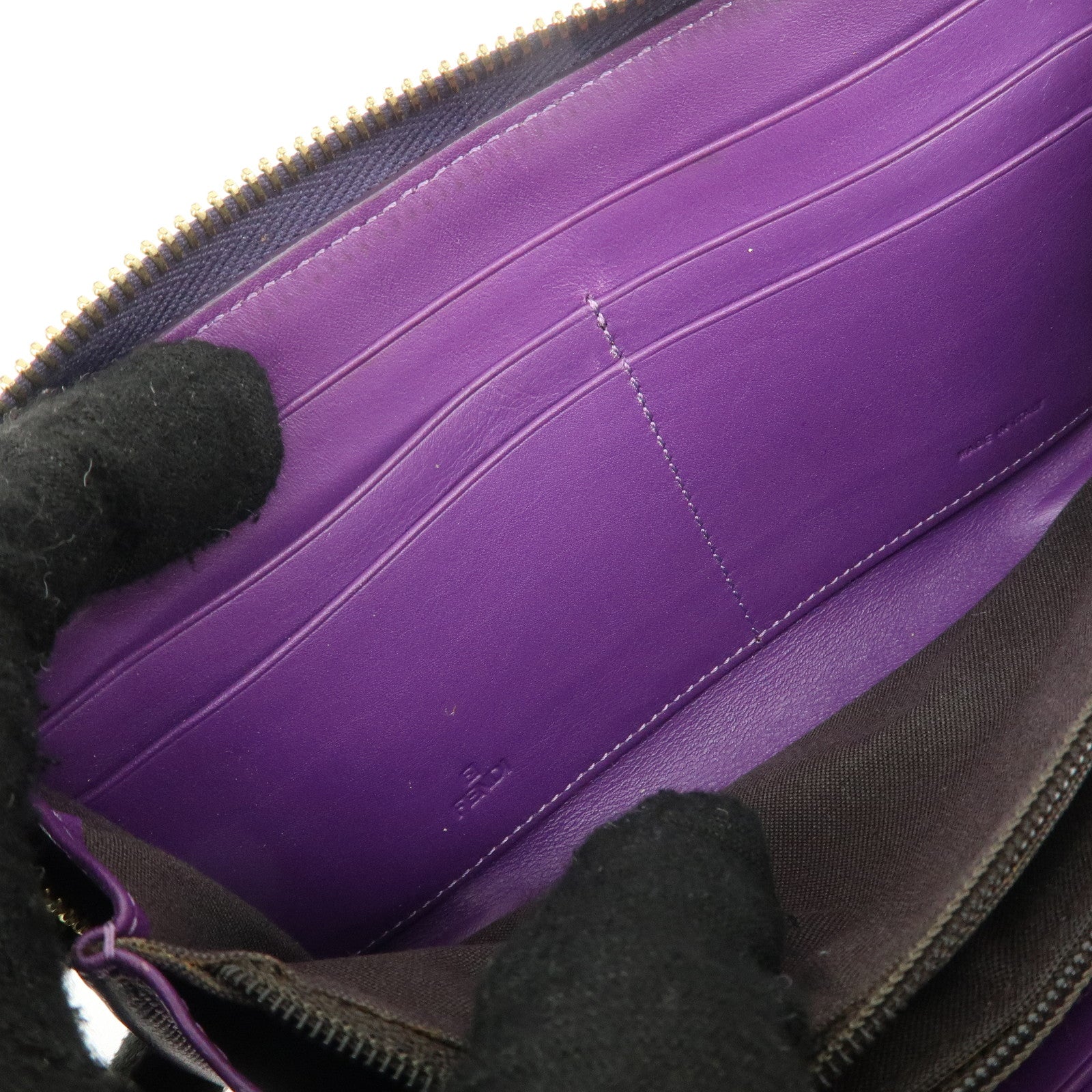 FENDI Zucchino Canvas Leather Round Zippy Long Wallet Brown Purple 8M0024 Used