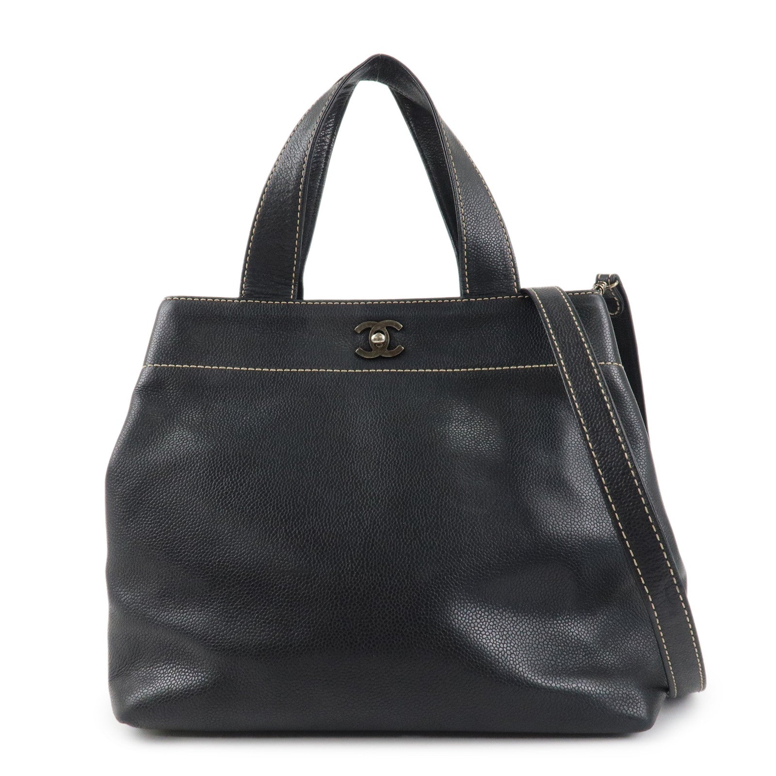 CHANEL Caviarskin COCO Mark Turn Lock 2Way Hand Bag Black Used