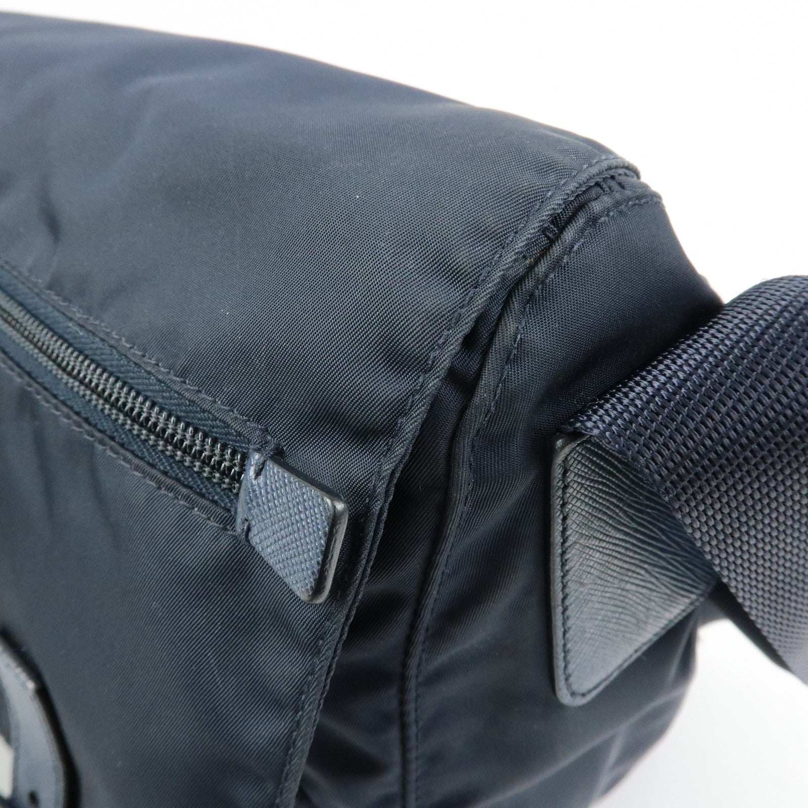 PRADA Triangle Logo Nylon Saffiano Leather Shoulder Bag Navy