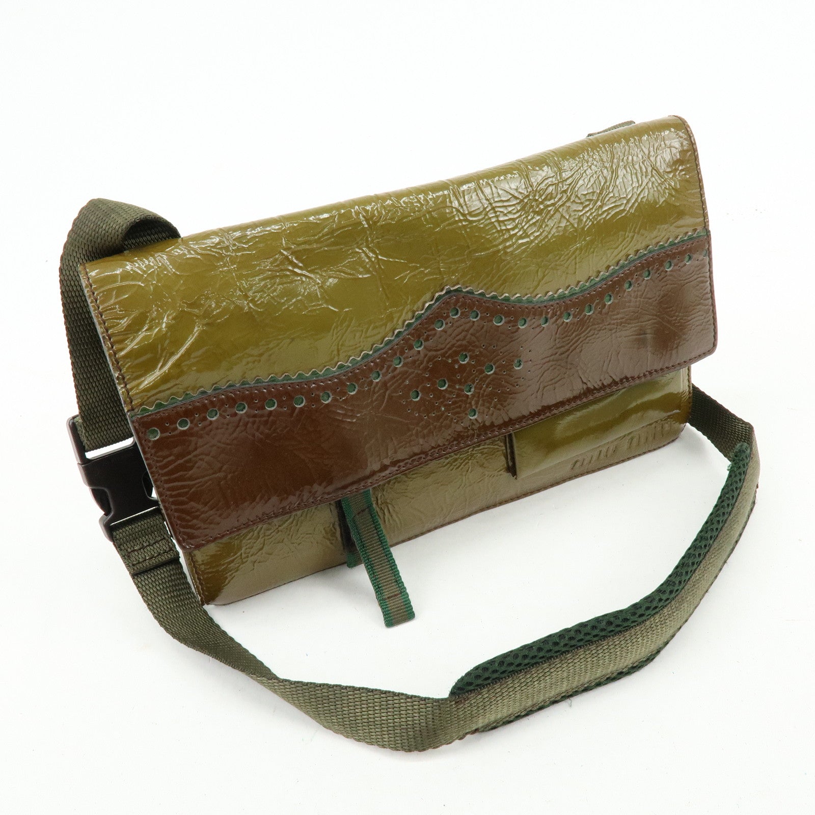 MIU MIU Patent Leather Nylon Shoulder Bag Khaki Brown