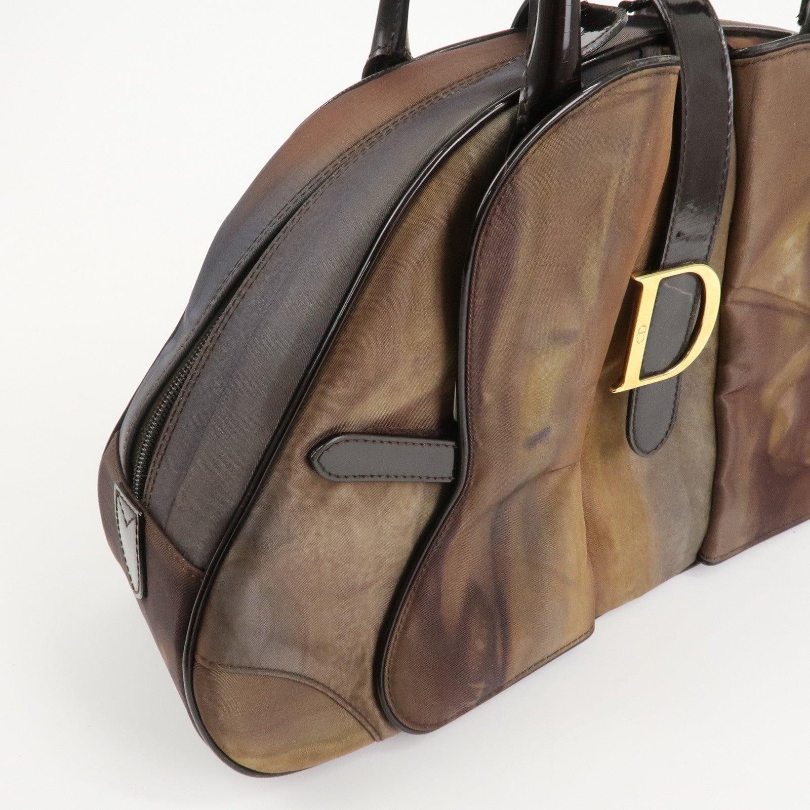 Christian Dior Double Saddle Nylon Leather Hand Boston Bag Brown Used