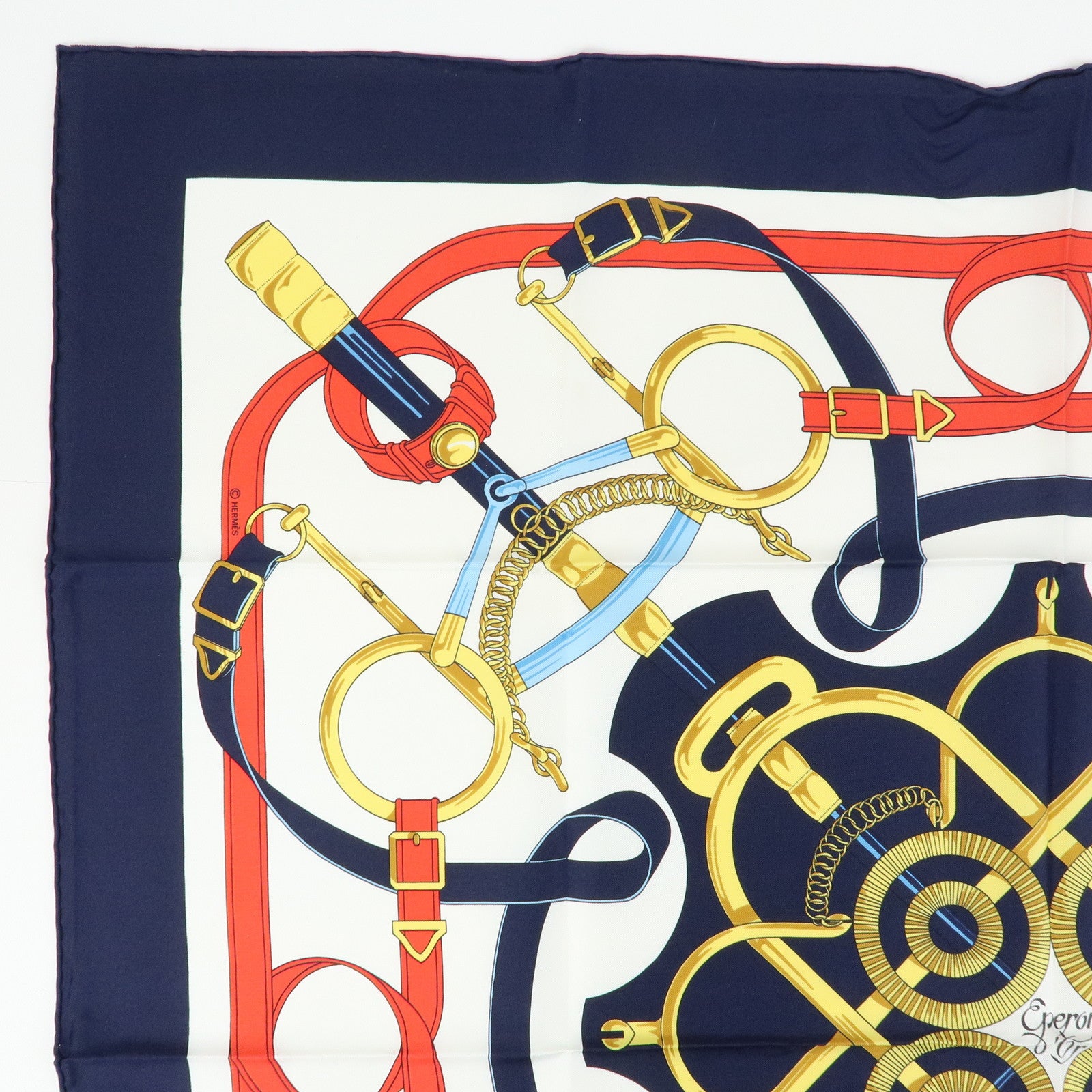 HERMES Carre 90 Silk 100% Scarf Eperon d'or White Navy Red Yellow