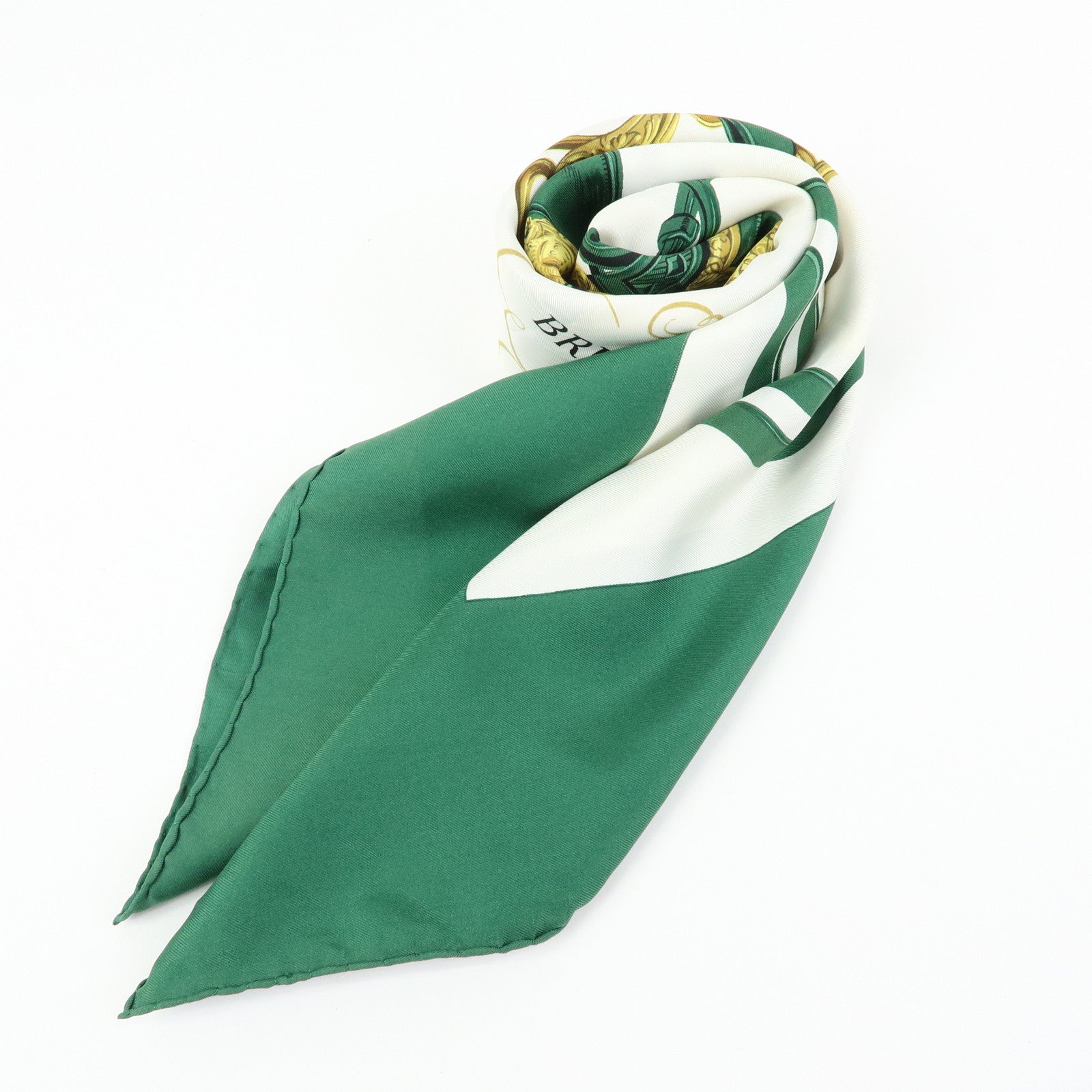 HERMES Carre 90 Silk 100% Scarf BRIDES DE GALA Bridle Green White