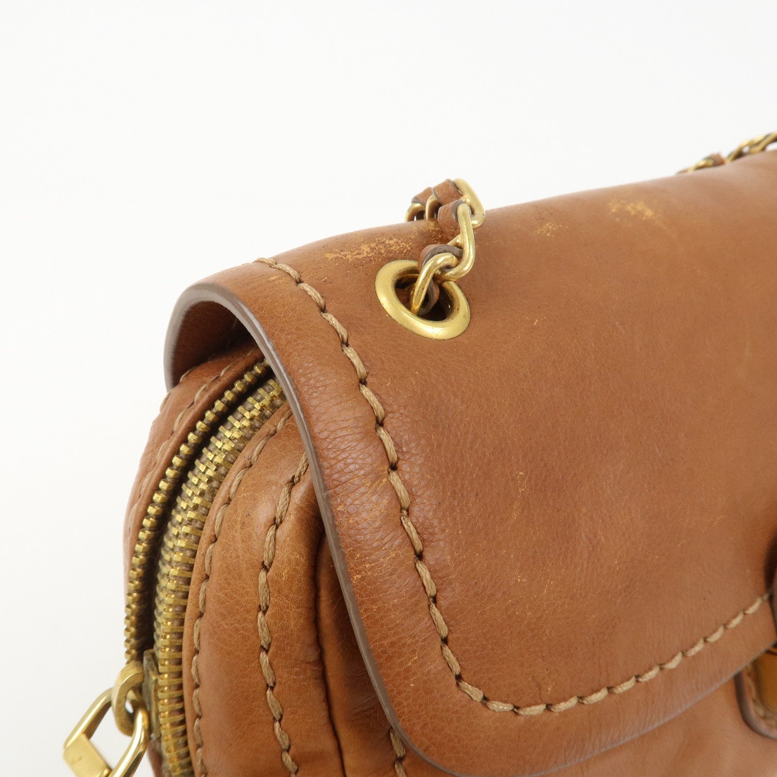 PRADA Logo Leather Chain Shoulder Bag Crossbody Bag Camel