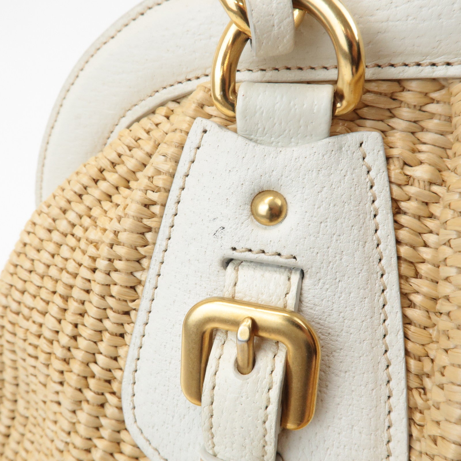 PRADA Triangle Leather Raffia Shoulder Bag Straw Bag Beige BR3693 Used