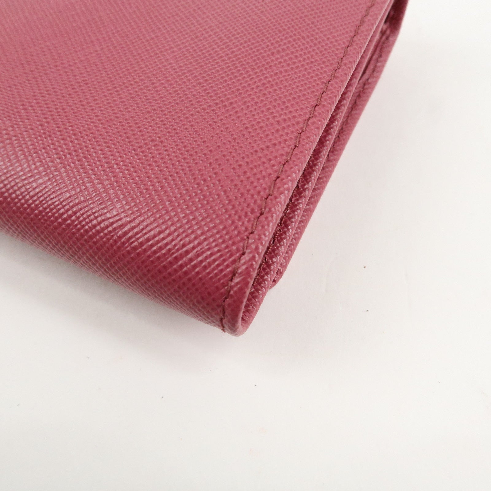 PRADA Logo Saffiano Leather Tri-fold Compact Wallet Pink 1M0176 Used