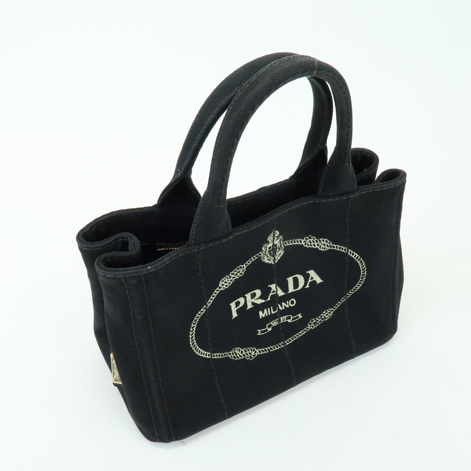 PRADA Triangle Logo Canapa Mini Canvas 2Way Hand Bag Black 1BG439