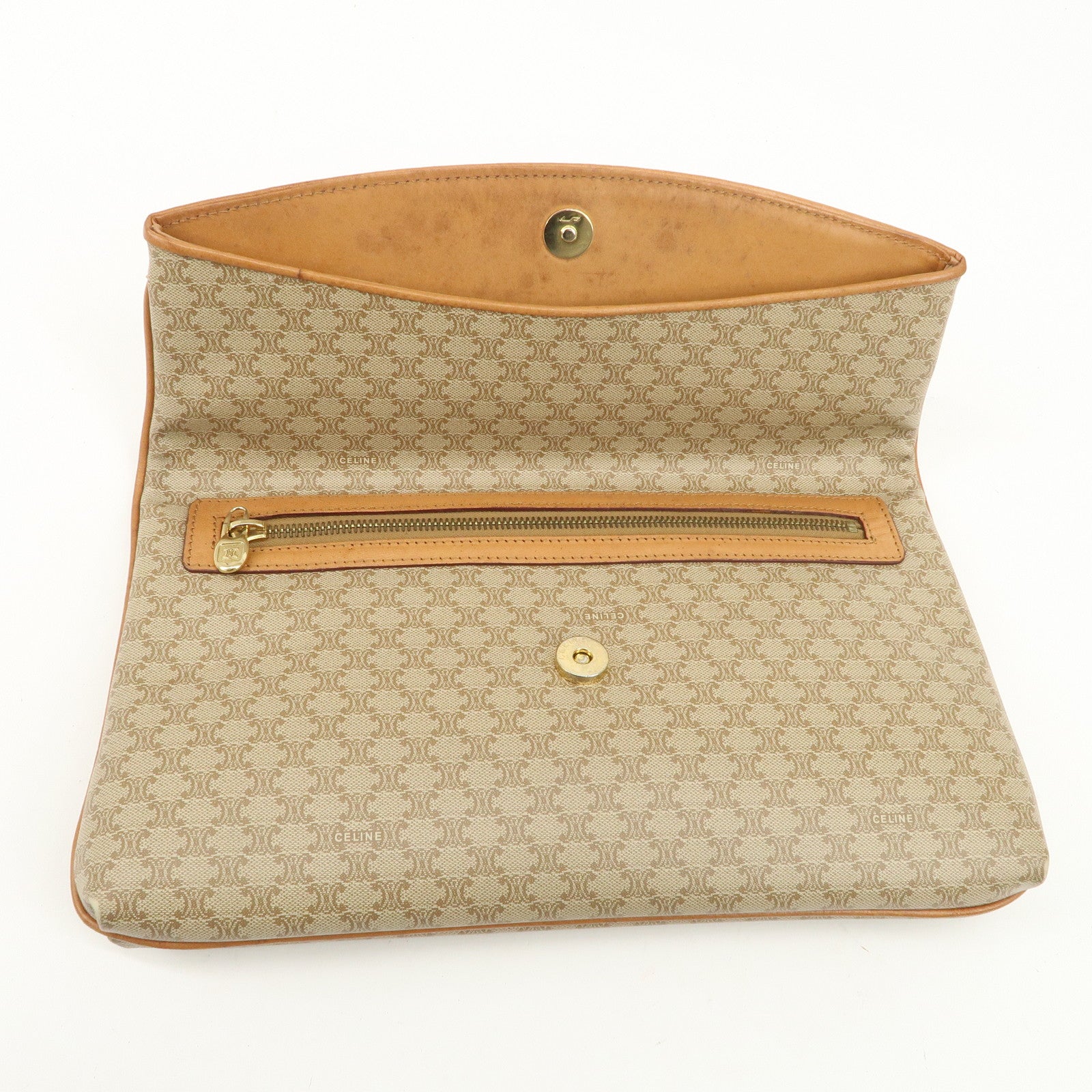 CELINE Macadam PVC Leather Clutch Bag Hand Bag Brown Beige