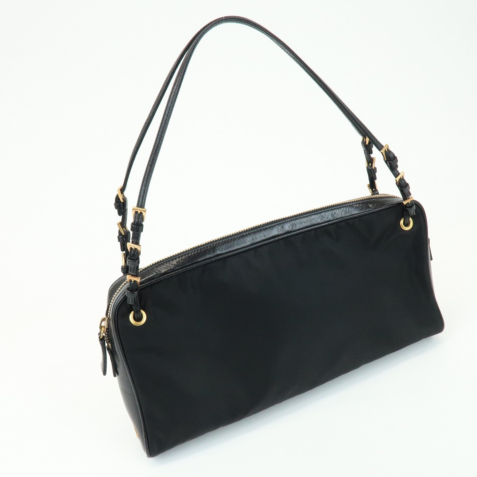 PRADA Triangle Logo Nylon Leather Shoulder Bag Black BN0218