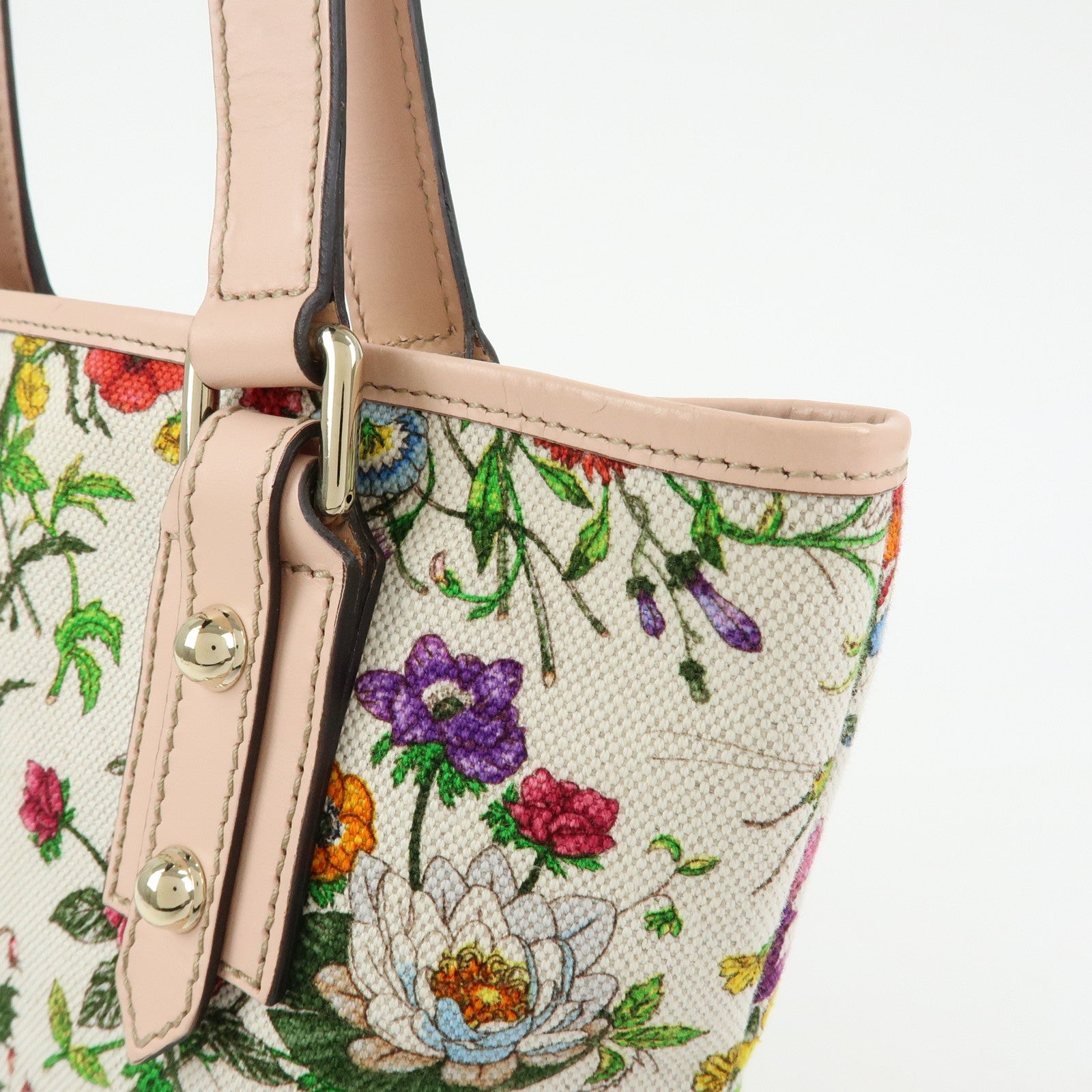 GUCCI Flora Flower Motif Canvas Leather Tote Bag White Pink 240018