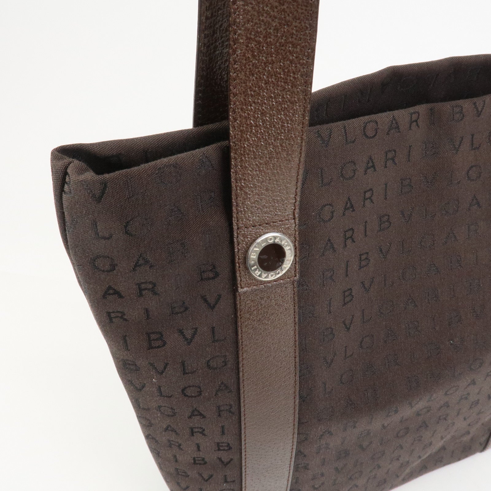 BVLGARI Logo Mania Canvas Leather Shoulder Bag Tote Bag Brown