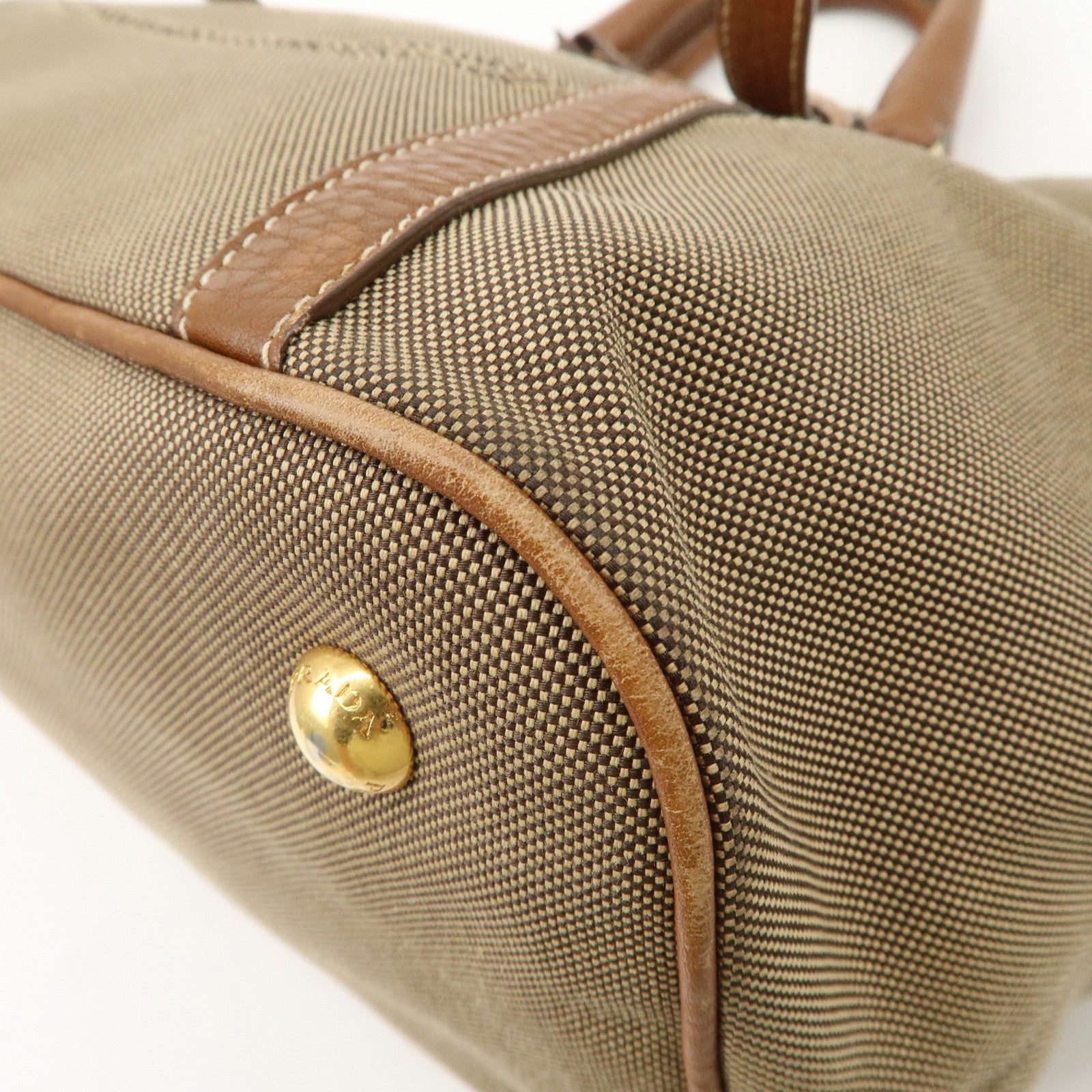 PRADA Leather Logo Jacquard Tote Bag Ribbon Beige Brown BN1841 Used