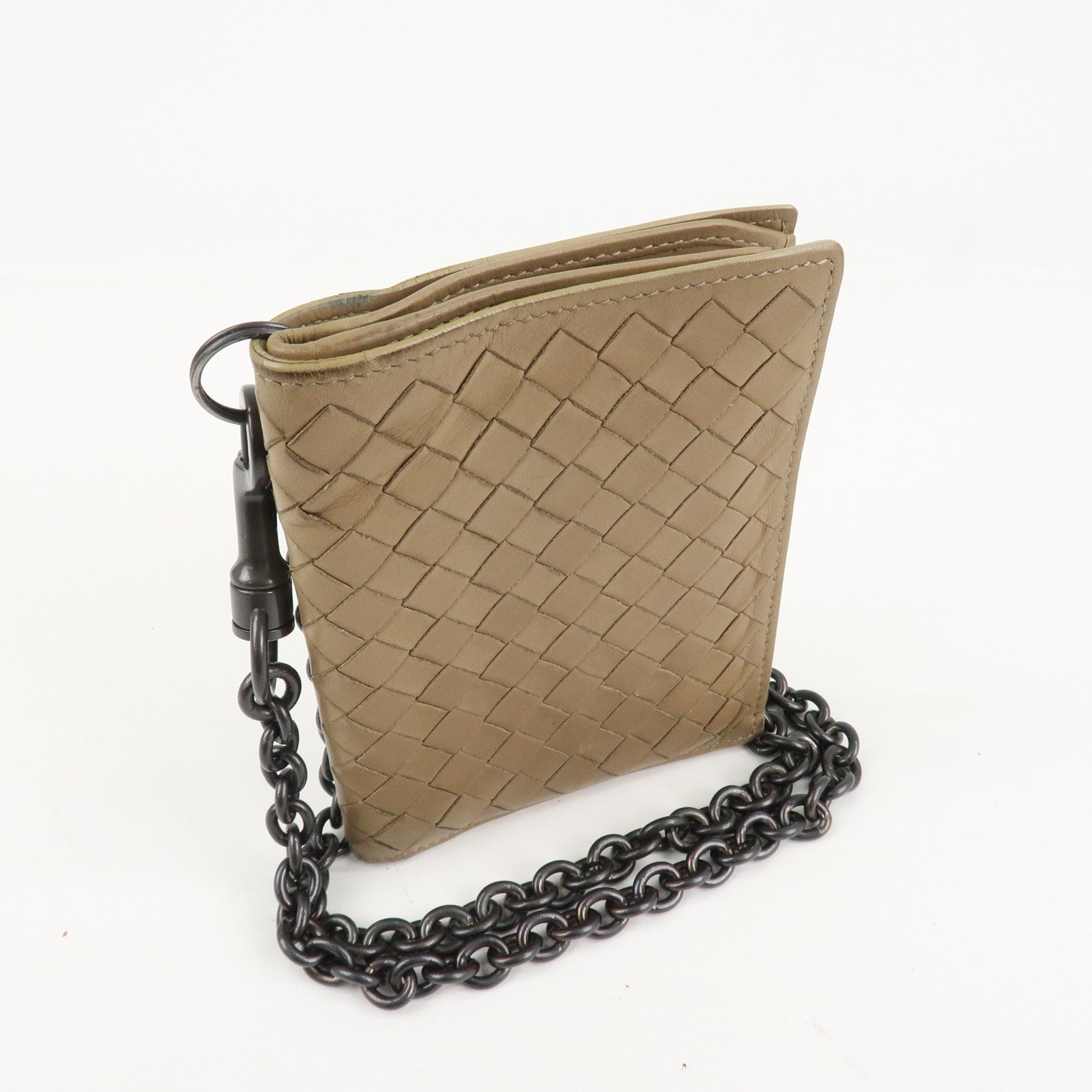 BOTTEGA VENETA Intrecciato Leather Chain Wallet Mini Wallet Beige Used
