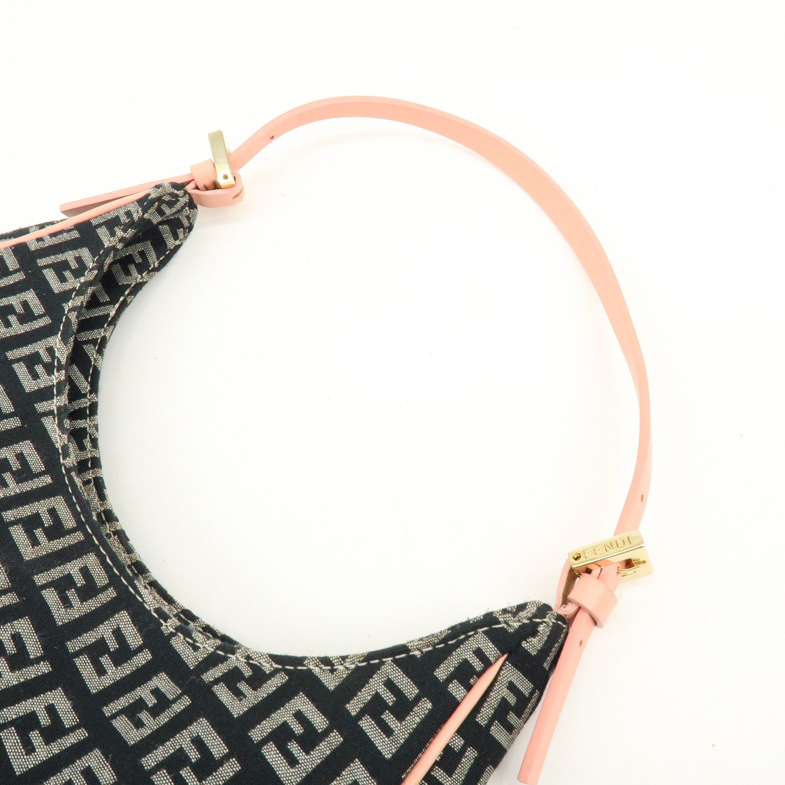 FENDI Zucchino Canvas Leather Hand Shoulder Bag Navy Pink 8BR158