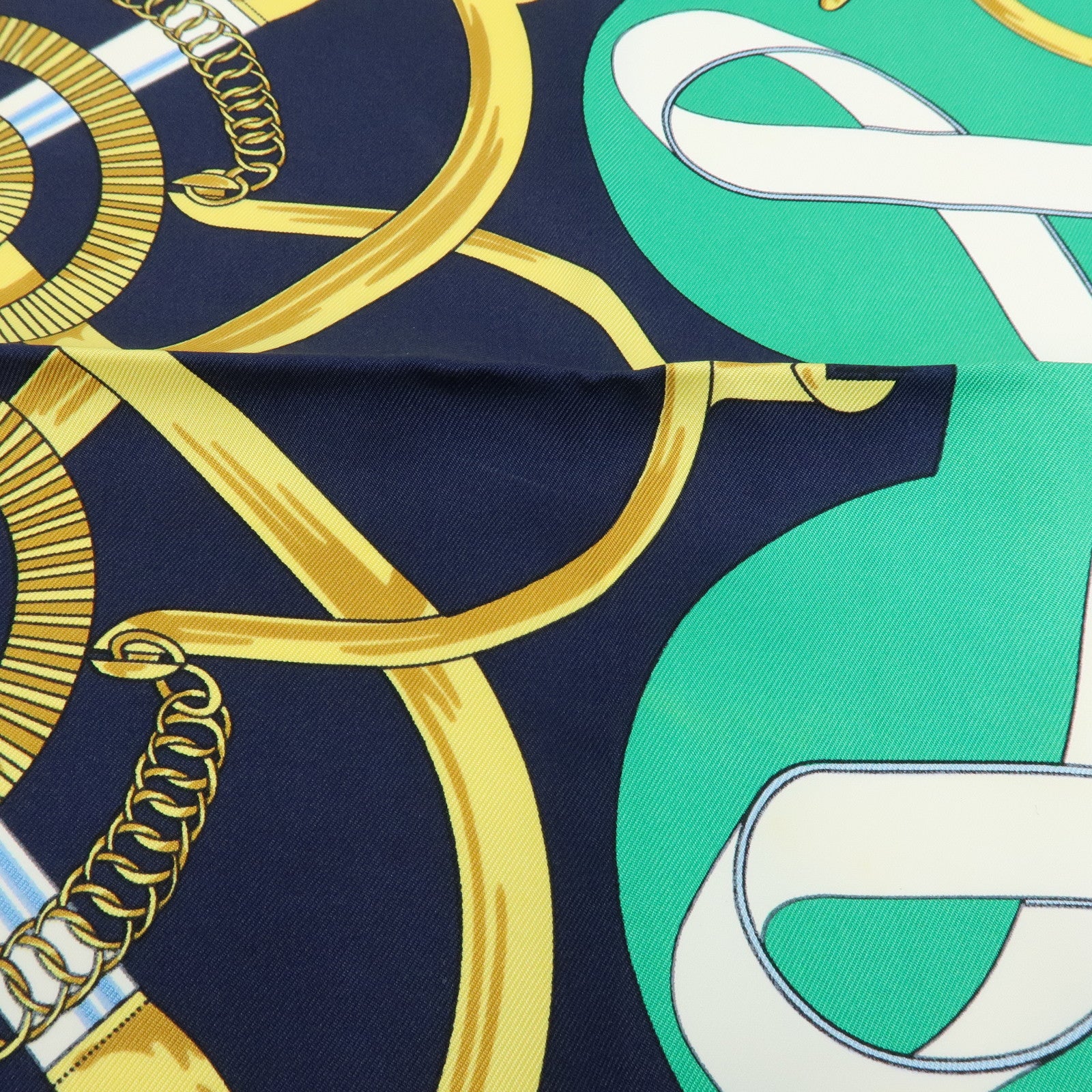 HERMES Carre 90 Silk 100% Scarf Eperon d'or Navy Green Gold
