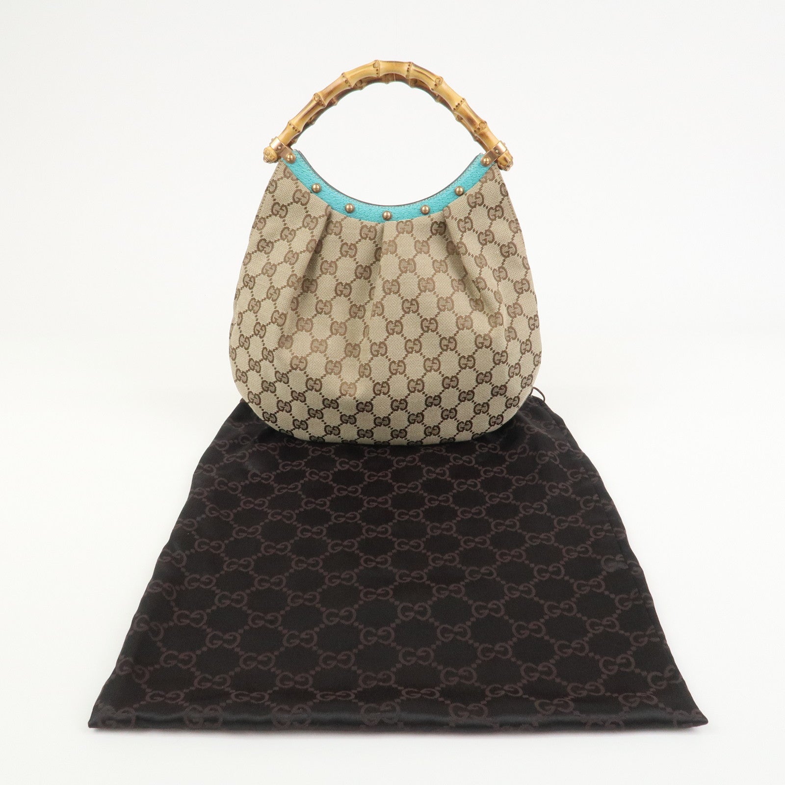 GUCCI Bamboo GG Canvas Leather Hand Bag Brown Light Blue 124297