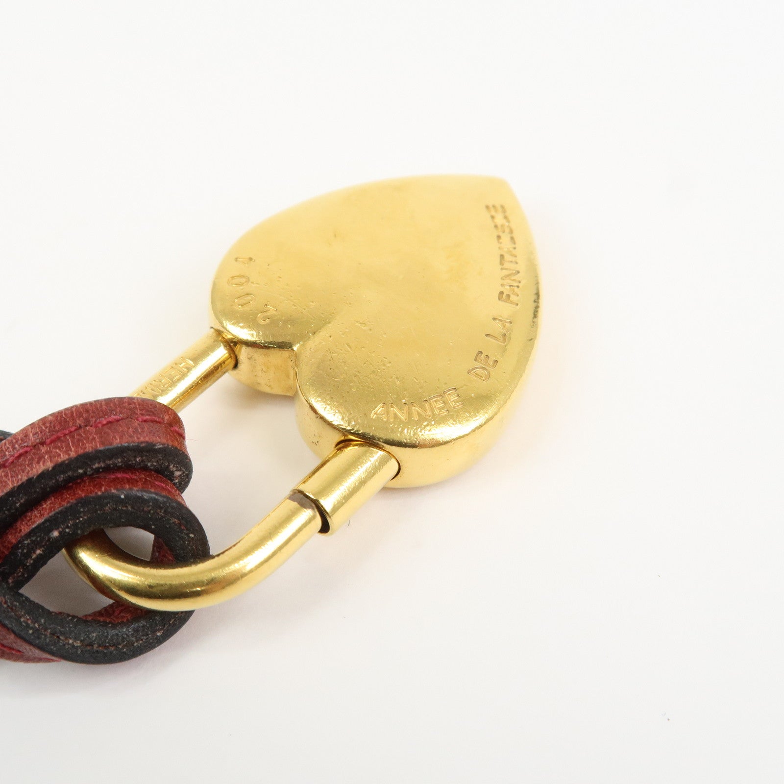 HERMES Vivaldi Heart Cadena Necklace Metal Leather Gold Red