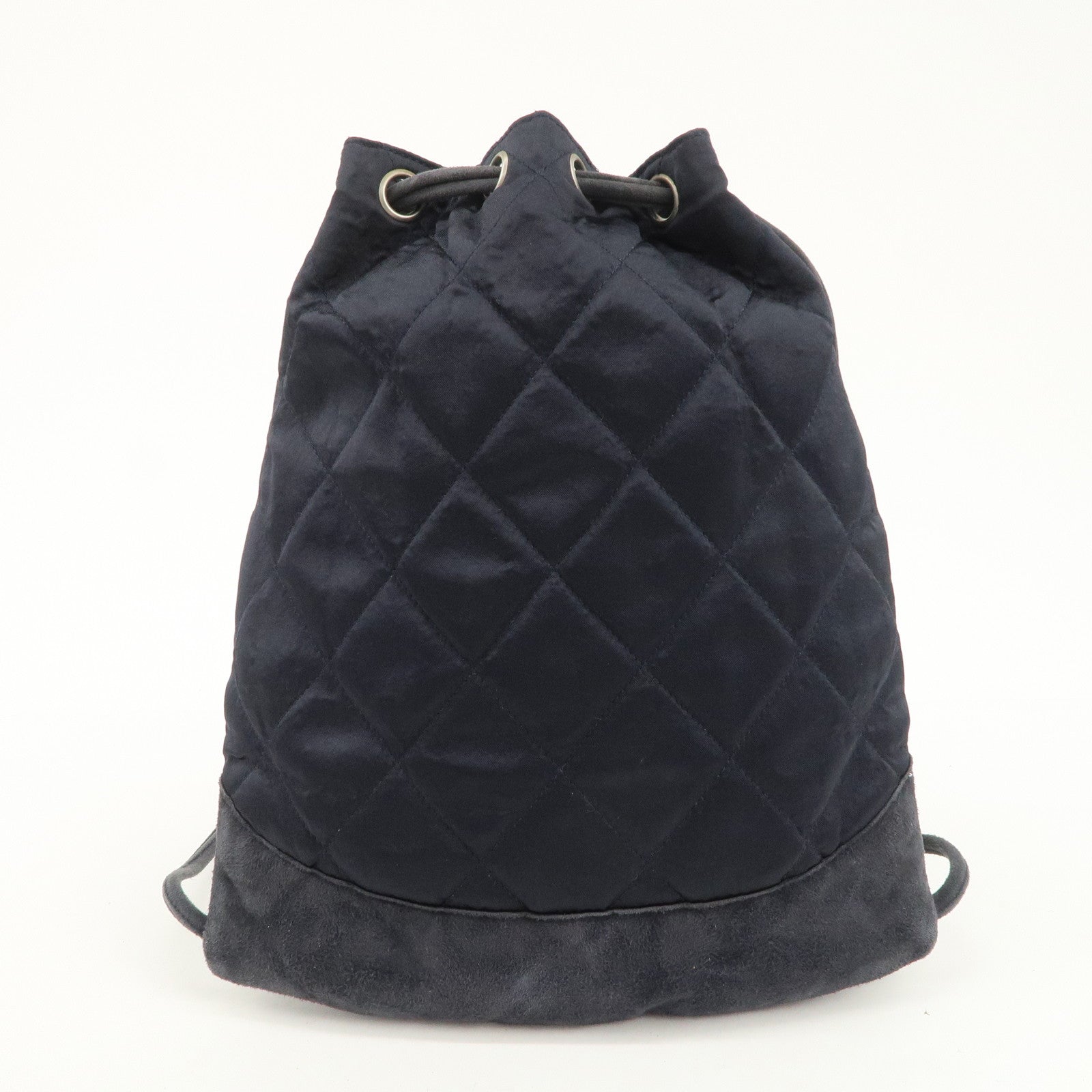 CHANEL Matelasse Satin Suede Drawstring Back Pack Black Used