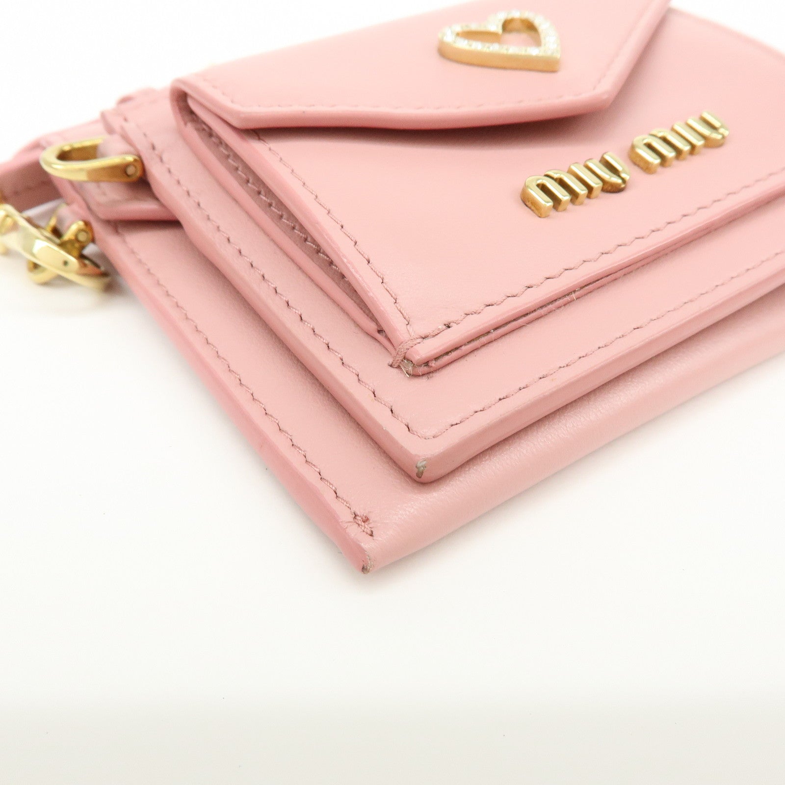 MIU MIU Madras Leather Rhinestone Card Case Heart Love letter Pink