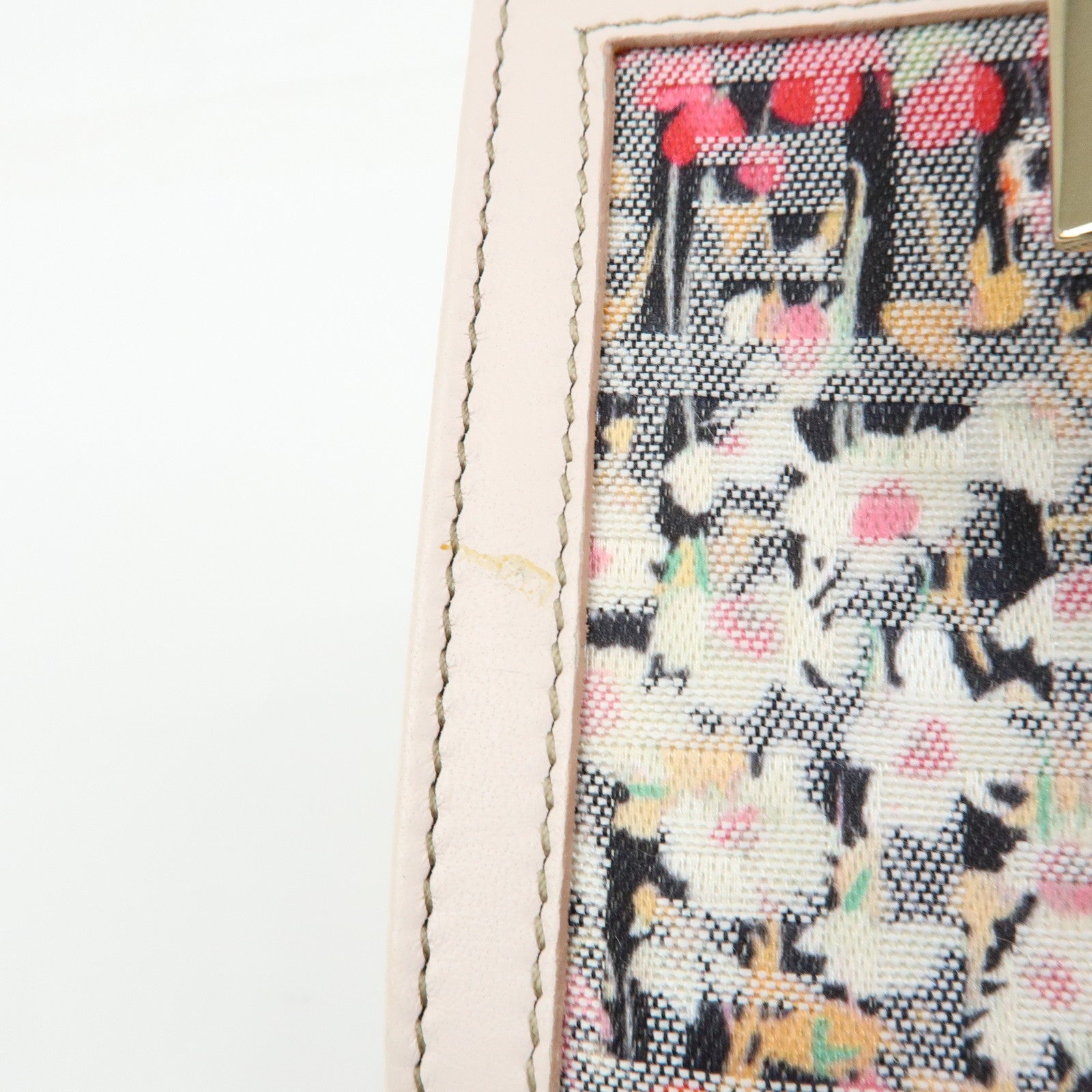 FENDI Zucchino Flower Canvas Leather Compact Wallet Pink 8M0188