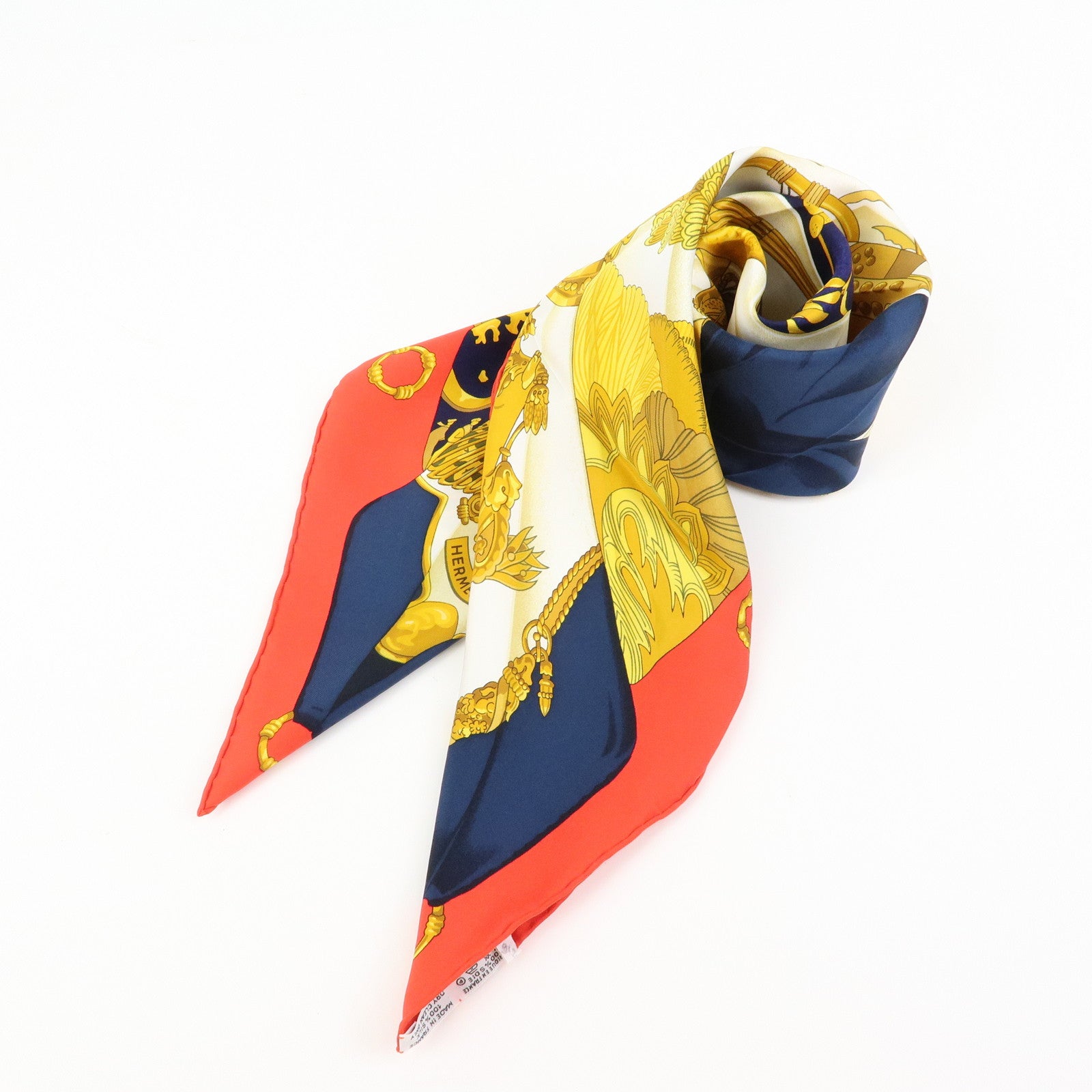 HERMES Carre 90 Silk 100% Soleil de Soie Scarf Gold Navy Red