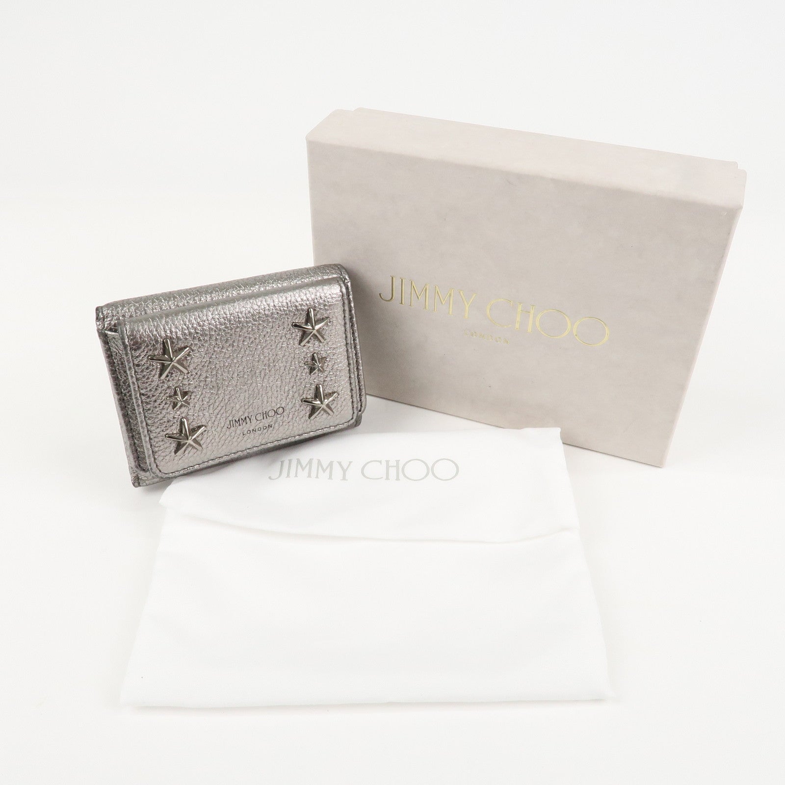 JIMMY CHOO 202 NEMO Studs Leather Compact Wallet Silver Used