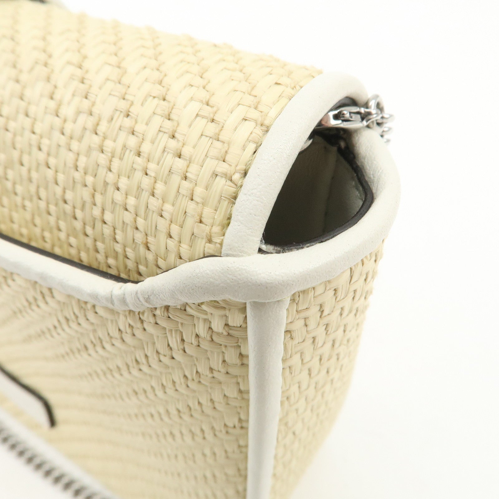 JIMMY CHOO Raffia Leather Mini Chain Shoulder Bag Beige Ivory