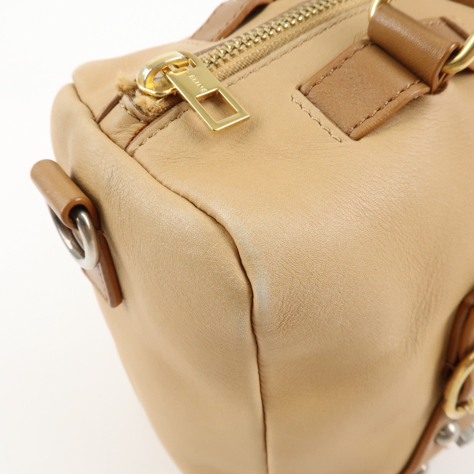 CELINE Leather 2Way Boston Bag Shoulder Bag Beige Brown Used