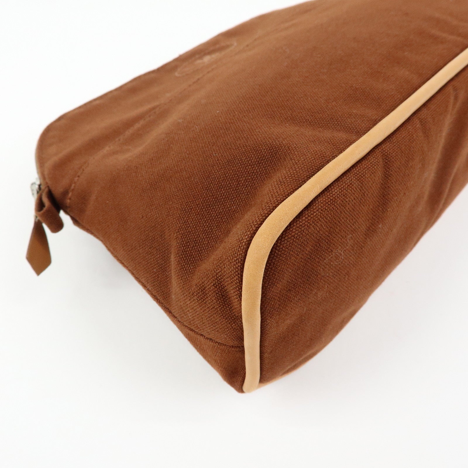HERMES Bolide MM Cotton Leather Cosmetic Pouch Brown Beige