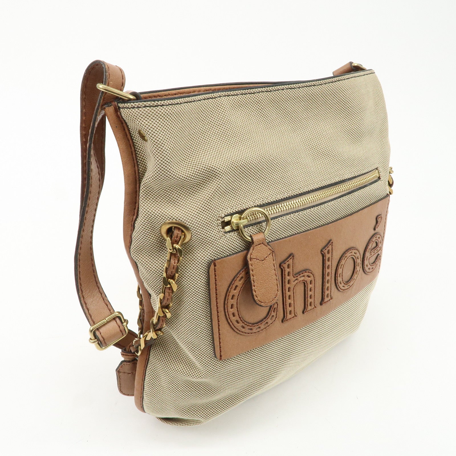 Chloe Leather Canvas Shoulder Bag Crossbody Bag Beige Brown Khaki