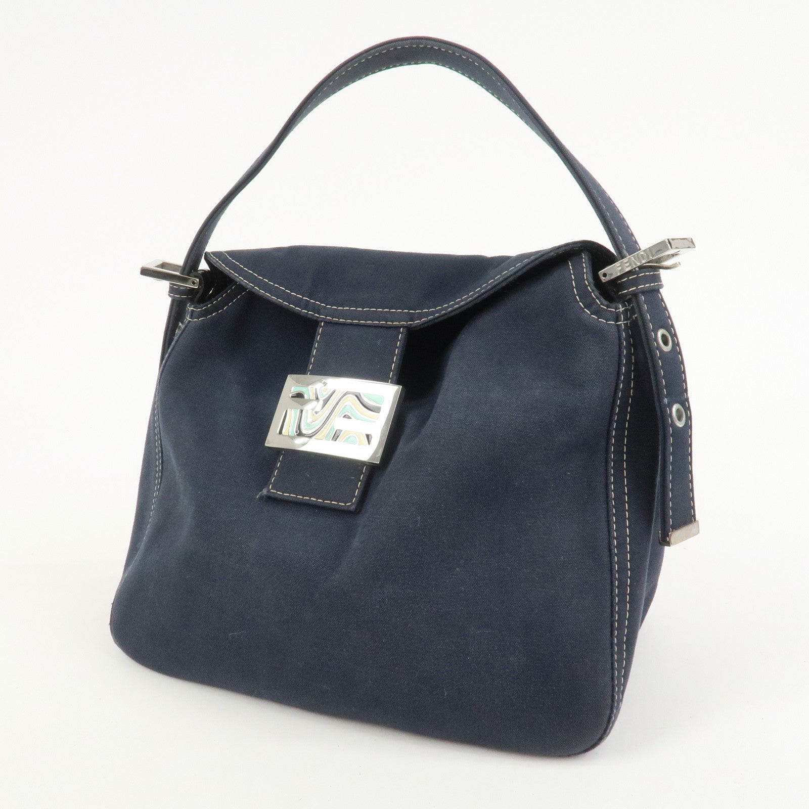 FENDI Logo Canvas Shoulder Bag Hand Bag Navy 26426