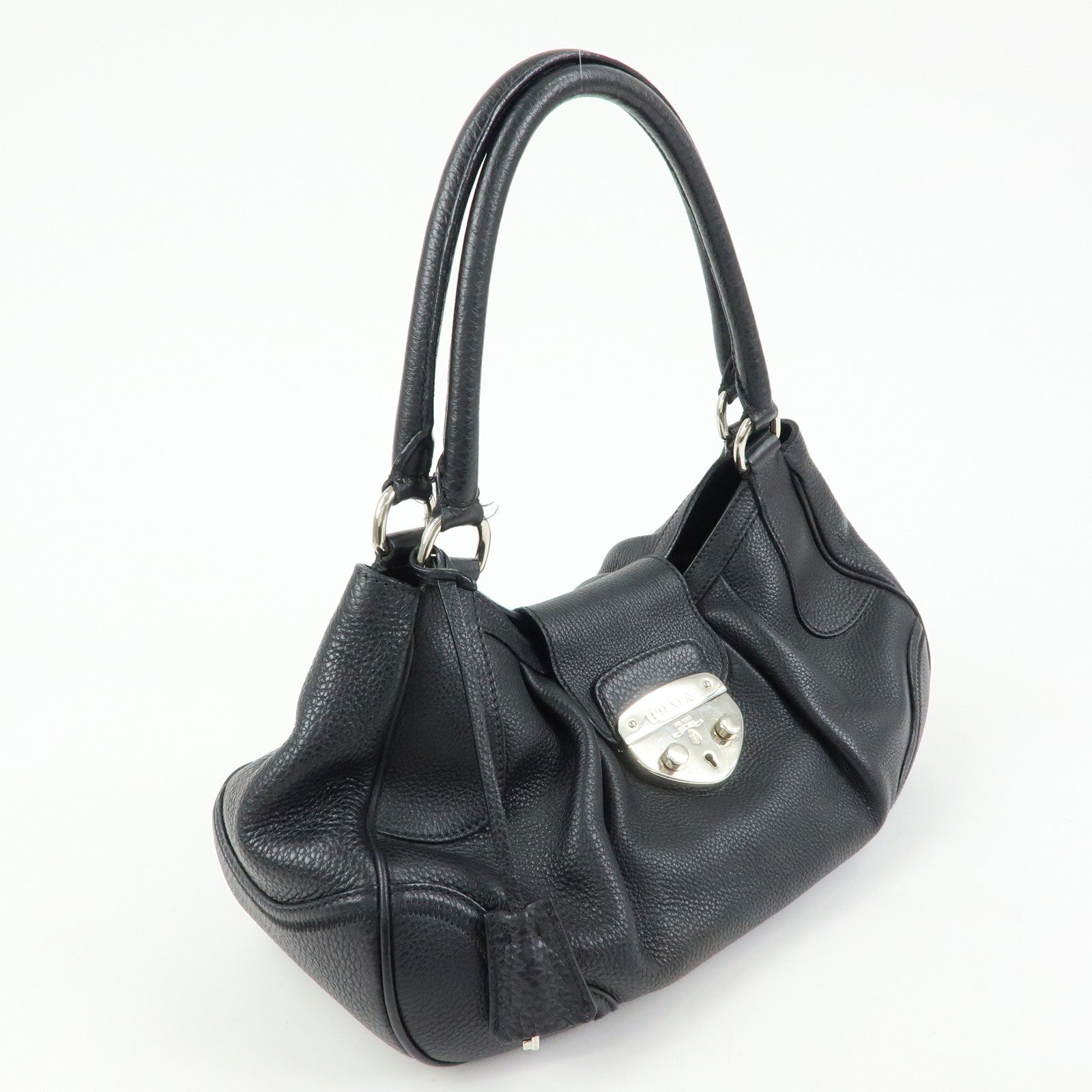 PRADA Sound Lock Leather Shoulder Bag Hand Bag Black B3595