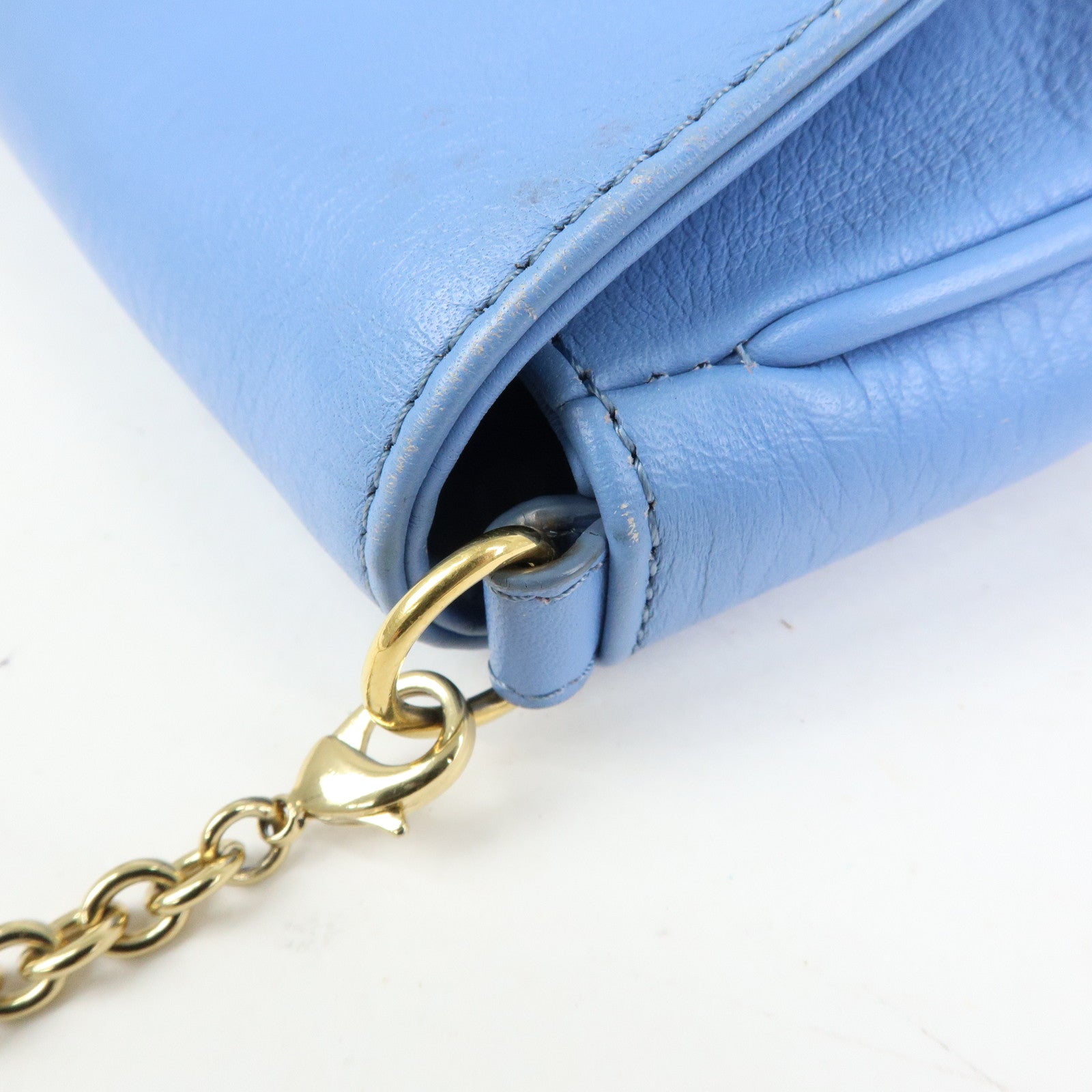 FENDI Leather Chain Shoulder Bag Crossbody Bag Light Blue 8M0276