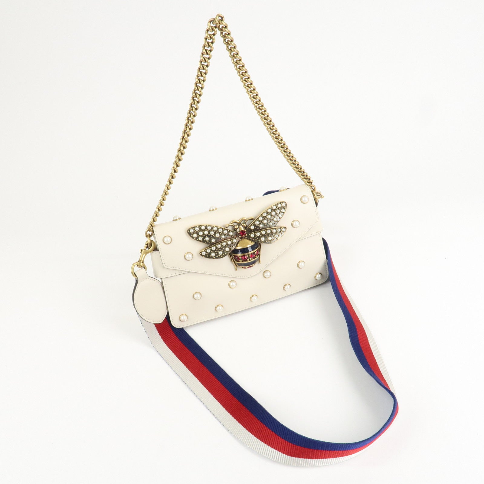 GUCCI Broad Eye Leather Chain Shoulder Bag Ivory 453778