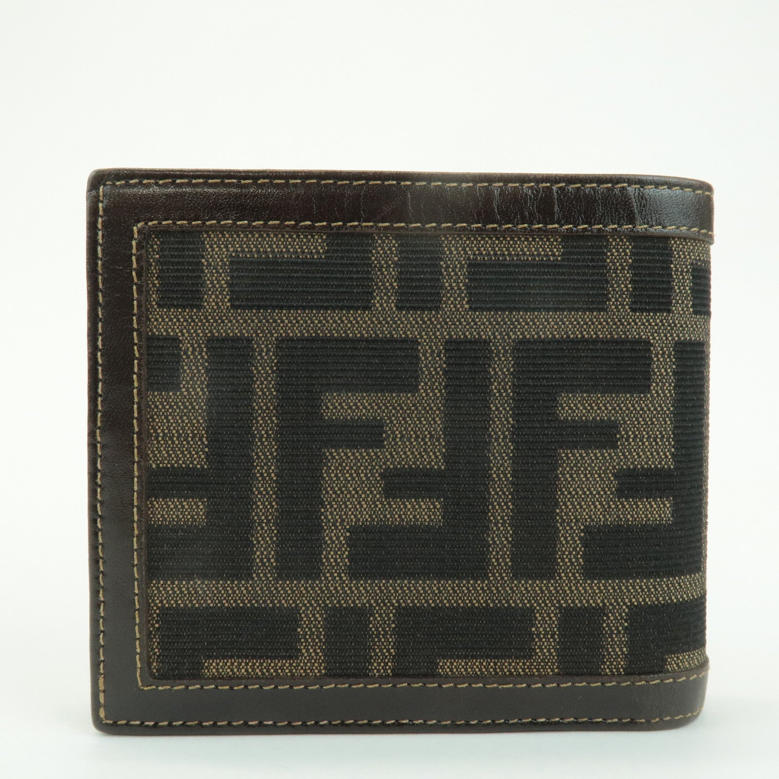 FENDI Zucca Leather Canvas Bi-fold Wallet Black Brown 01445 Used
