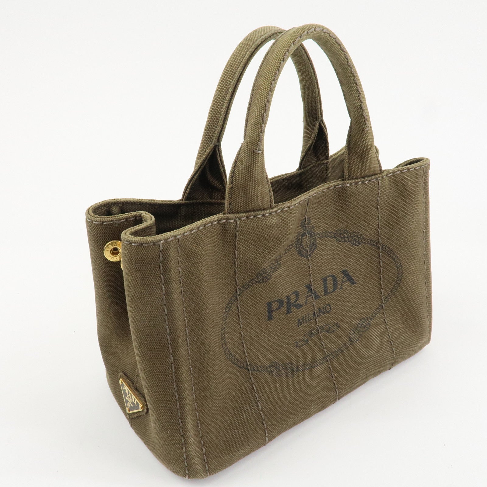 PRADA Logo Canapa Mini Canvas Tote Bag Hand Bag Khaki BN2439 Used