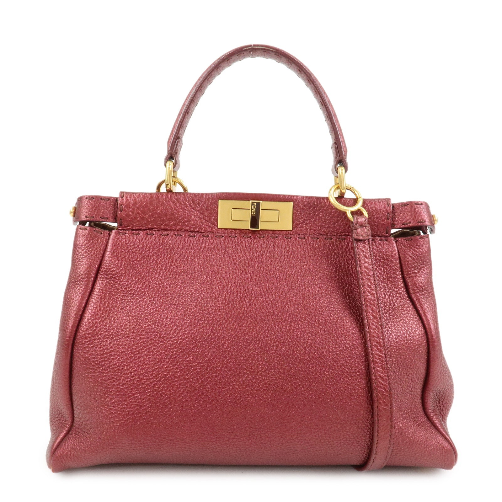 FENDI Peekaboo Logo Leather 2Way Shoulder Bag Burgundy 8BN226