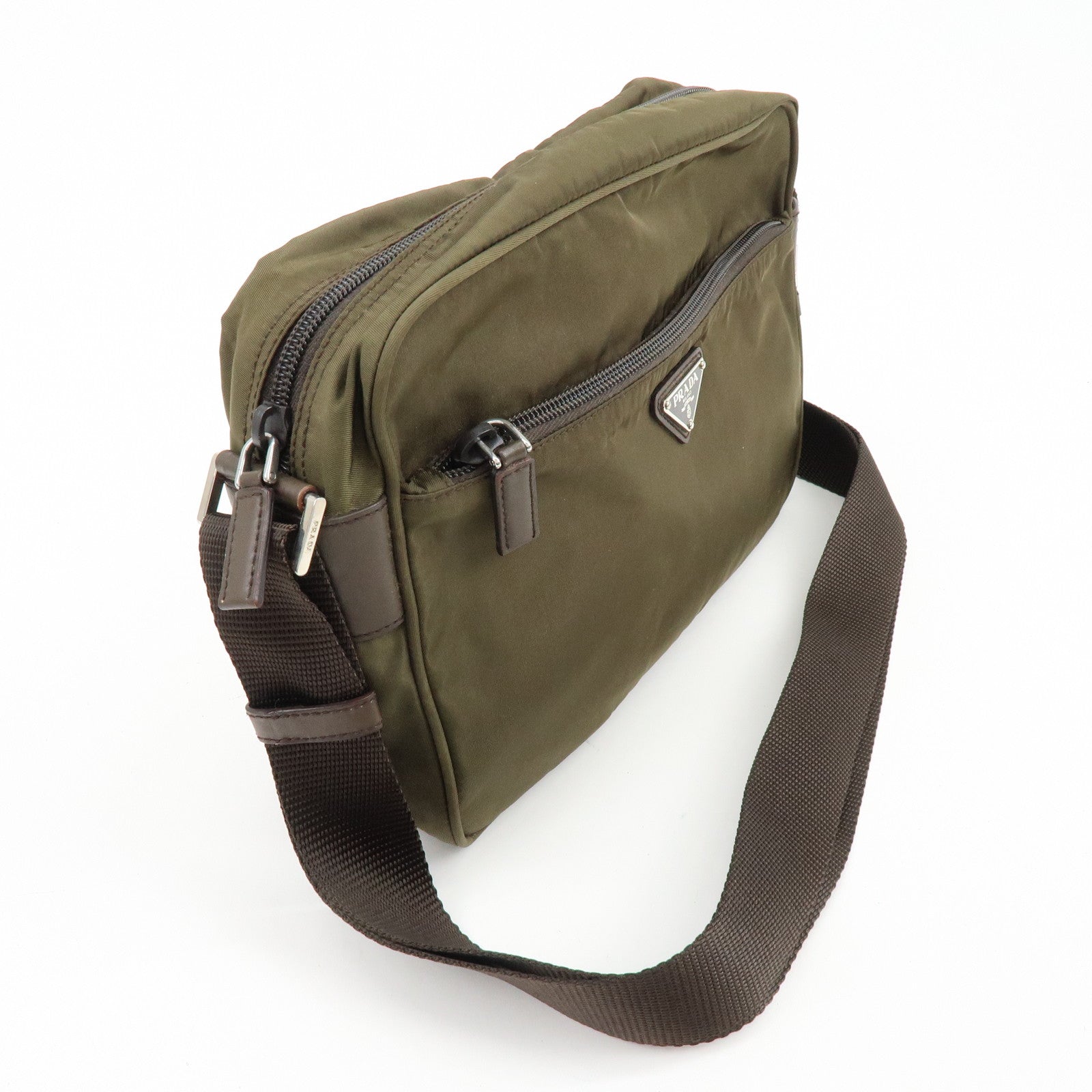 PRADA Triangle Logo Nylon Shoulder Crossbody Bag Khaki Brown BT0166