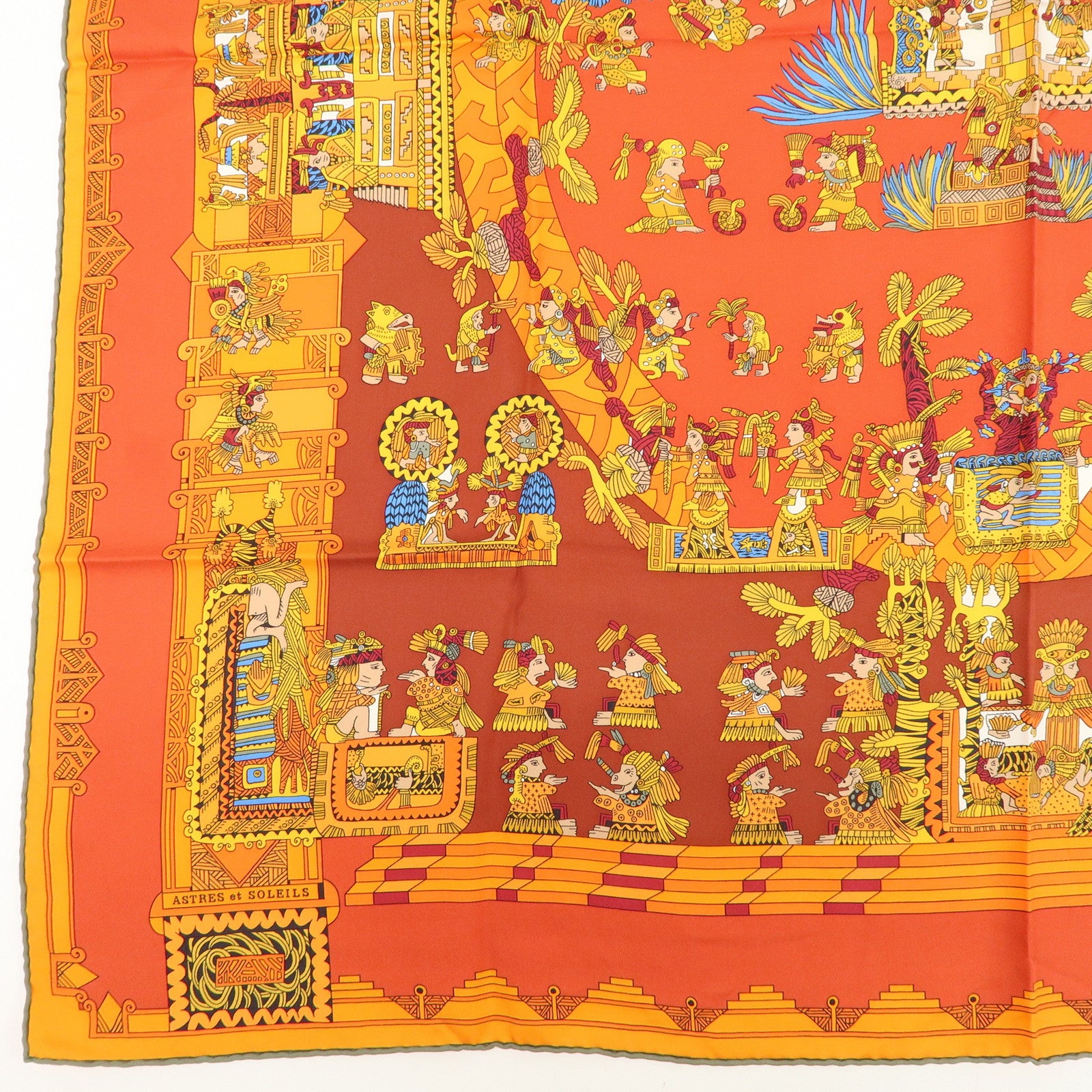HERMES Carre 90 Silk 100% Scarf ASTRES et SOLEILS Red Orange