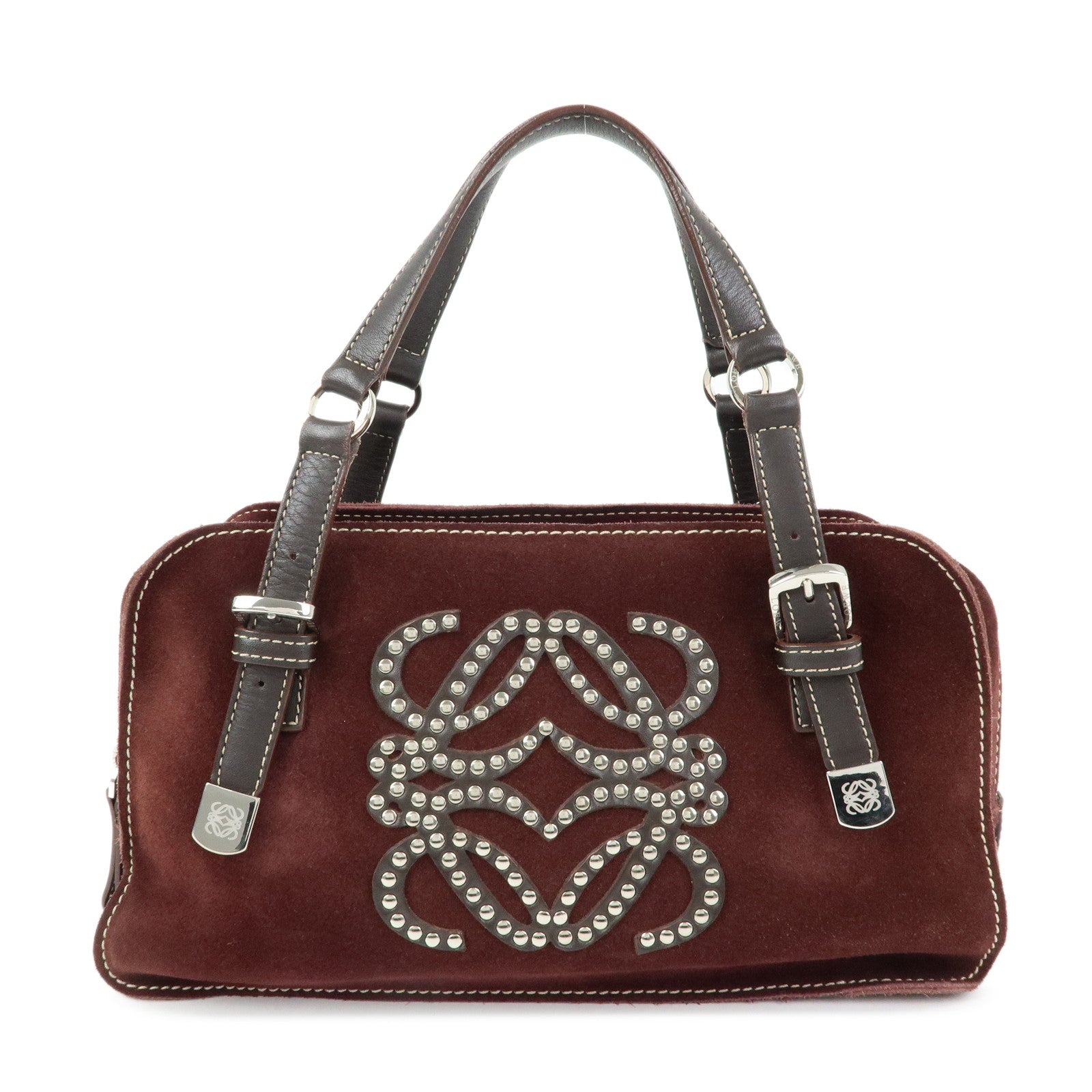 LOEWE Anagram Suede Leather Studs Hand Bag Bordeaux