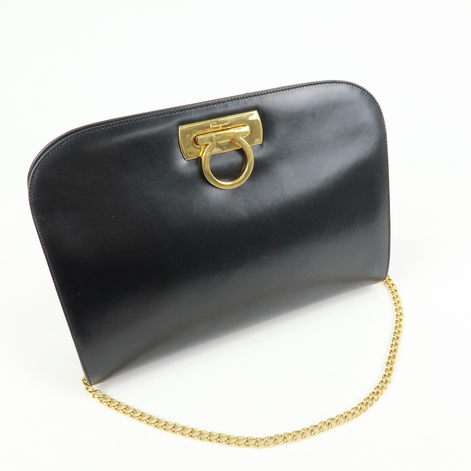 Ferragamo Gancini Leather 2Way Bag Clutch Bag Shoulder Bag Black