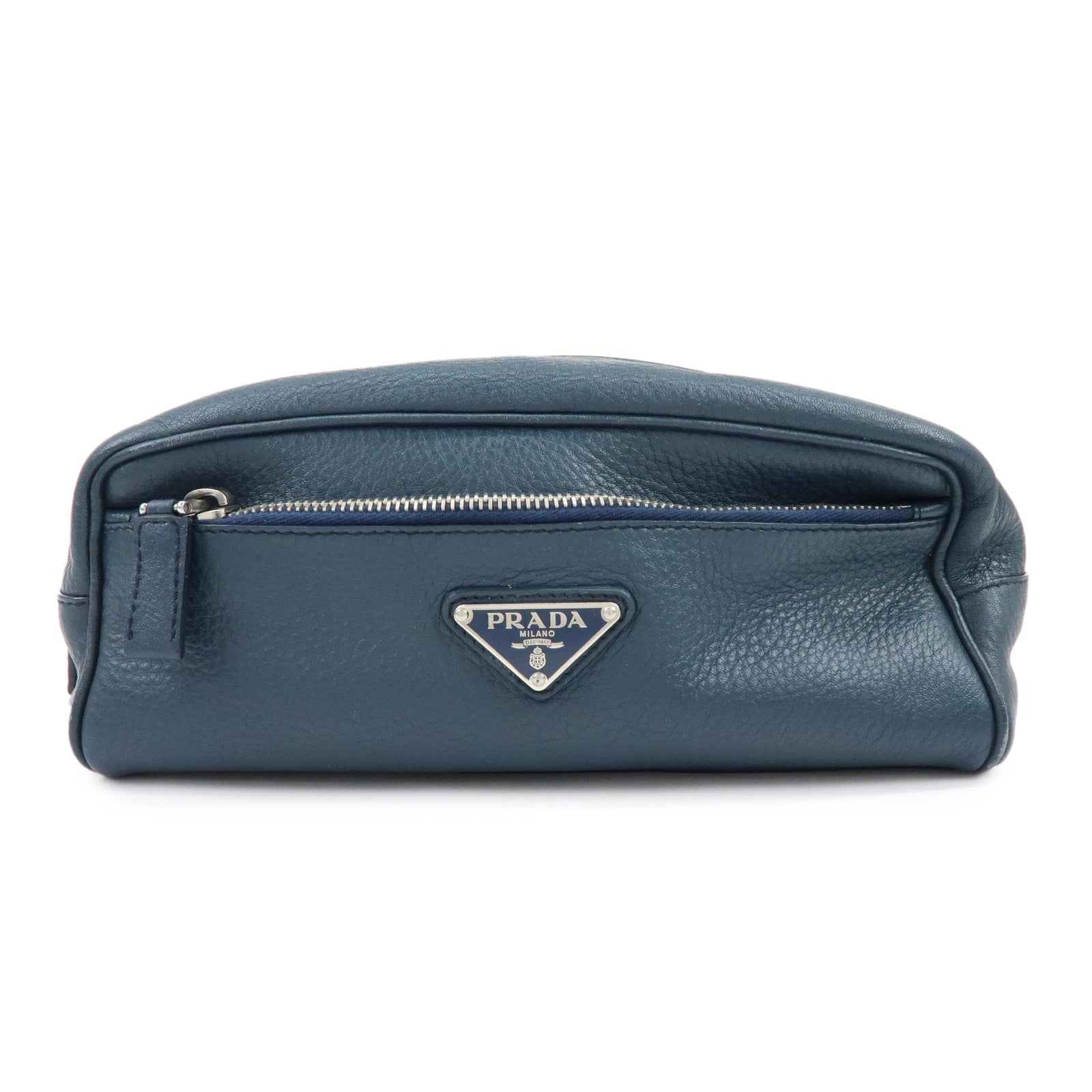 PRADA Triangle Logo Leather Cosmetic Pouch Accessory Pouch Navy