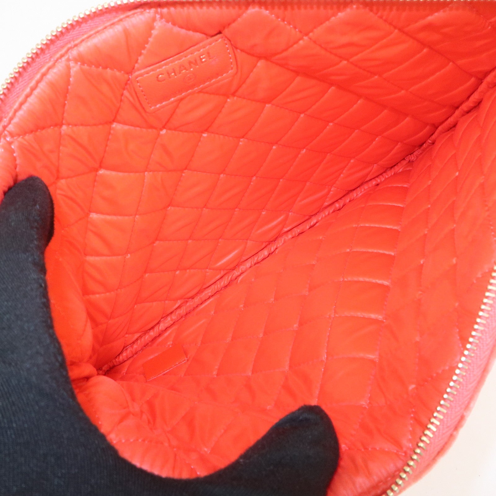 CHANEL COCO Mark Matelasse Velour Leather Clutch Bag Orange