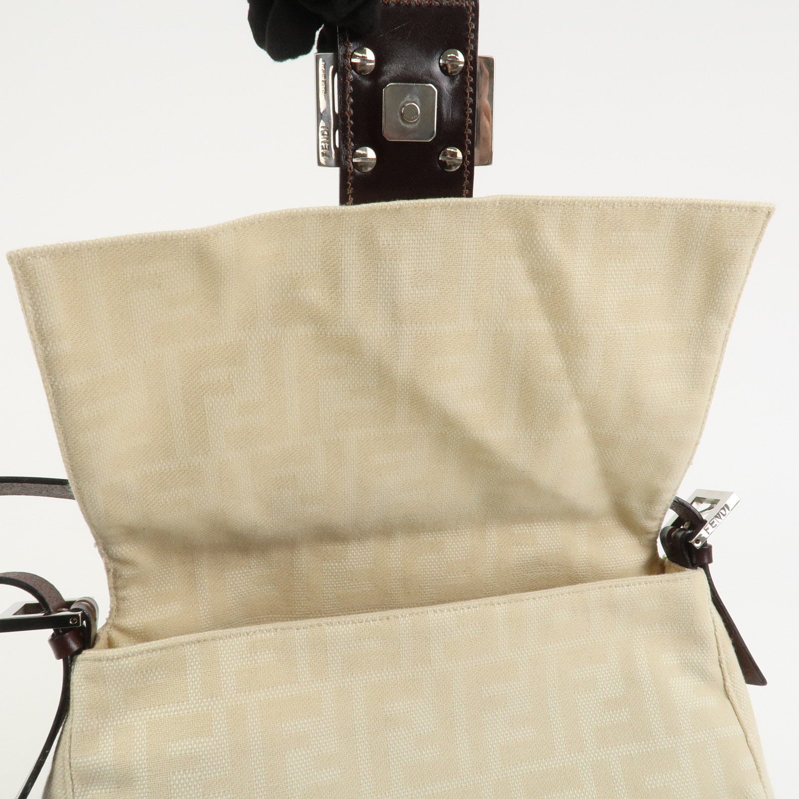 FENDI Mamma Baguette Canvas Leather Shoulder Bag Ivory 26325