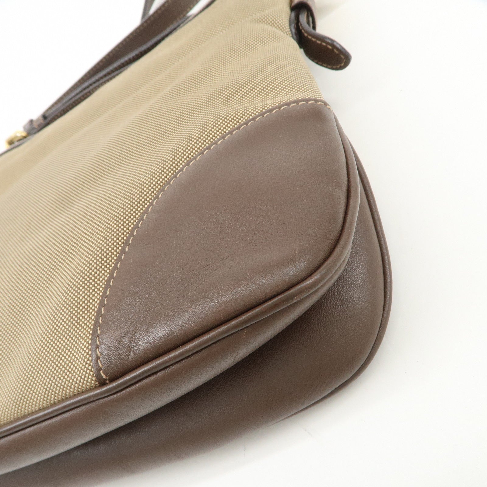 PRADA Logo Jacquard Leather Shoulder Bag Beige Brown BT867A