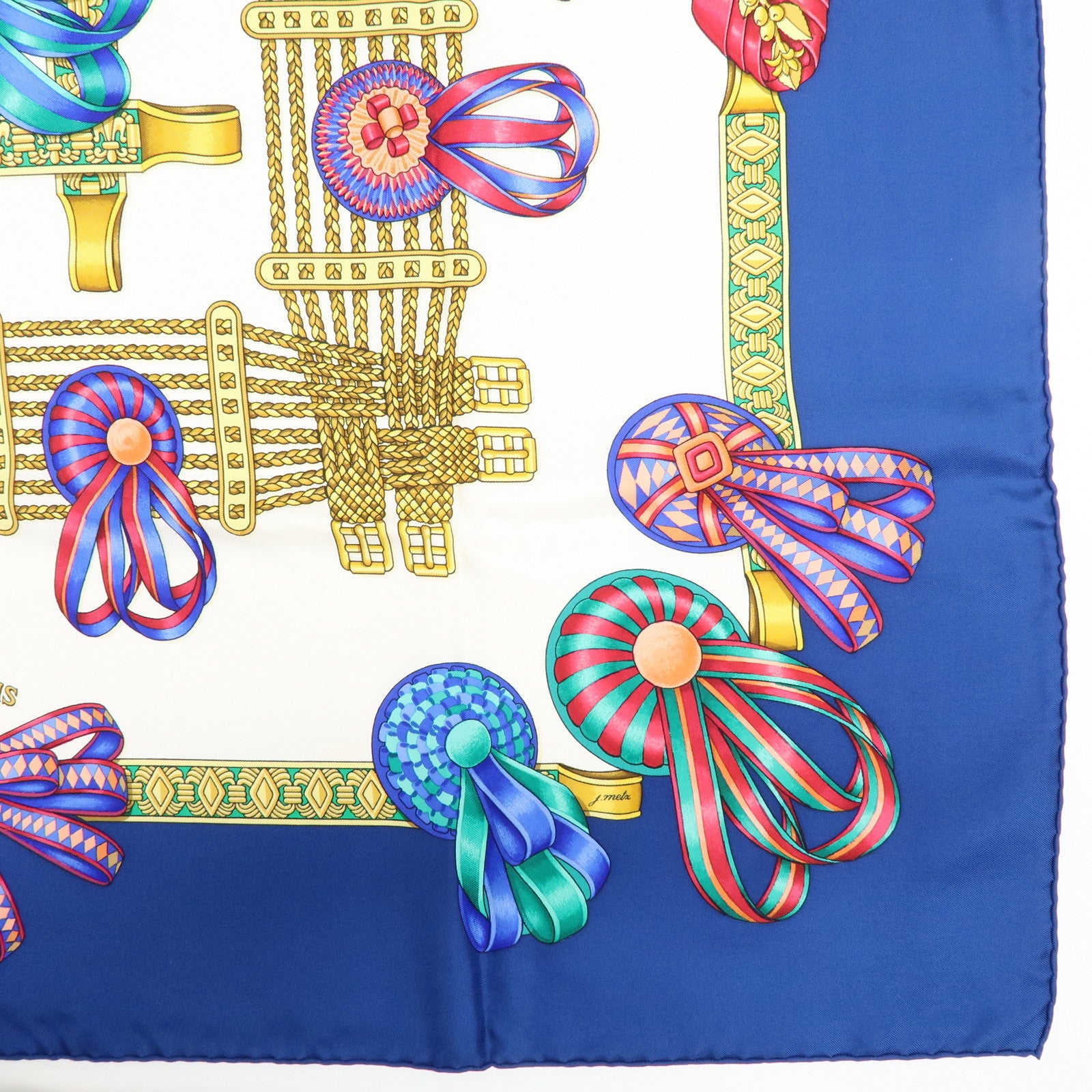 HERMES Carre 90 Silk 100% Scarf LES RUBANS DU CHEVAL Navy Gold