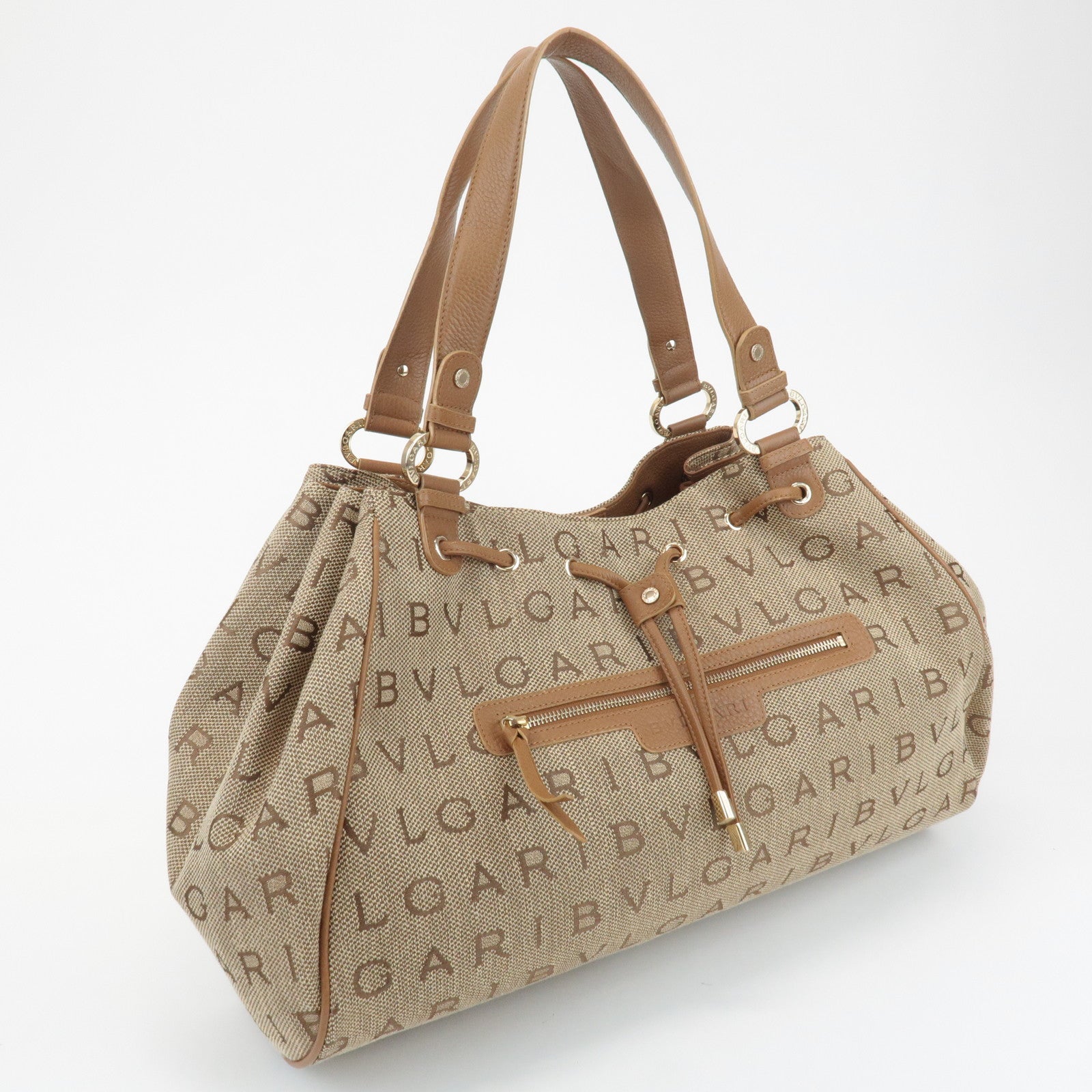 BVLGARI Logo Mania Leather Canvas Tote Bag Shoulder Bag Beige Brown Used