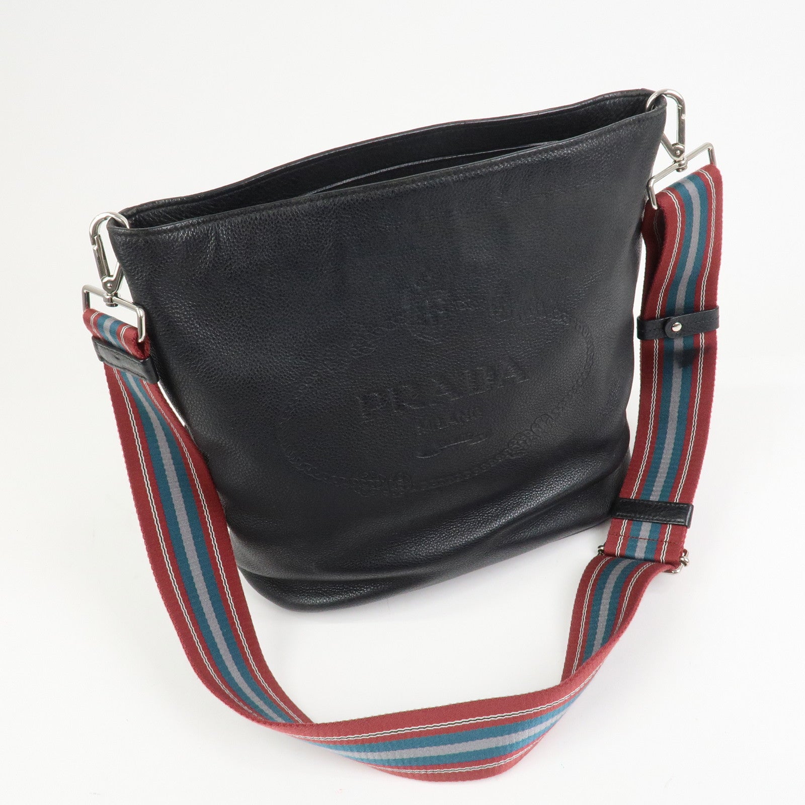 PRADA Logo Calf Leather Shoulder Bag Bucket Bag Black 1BE057