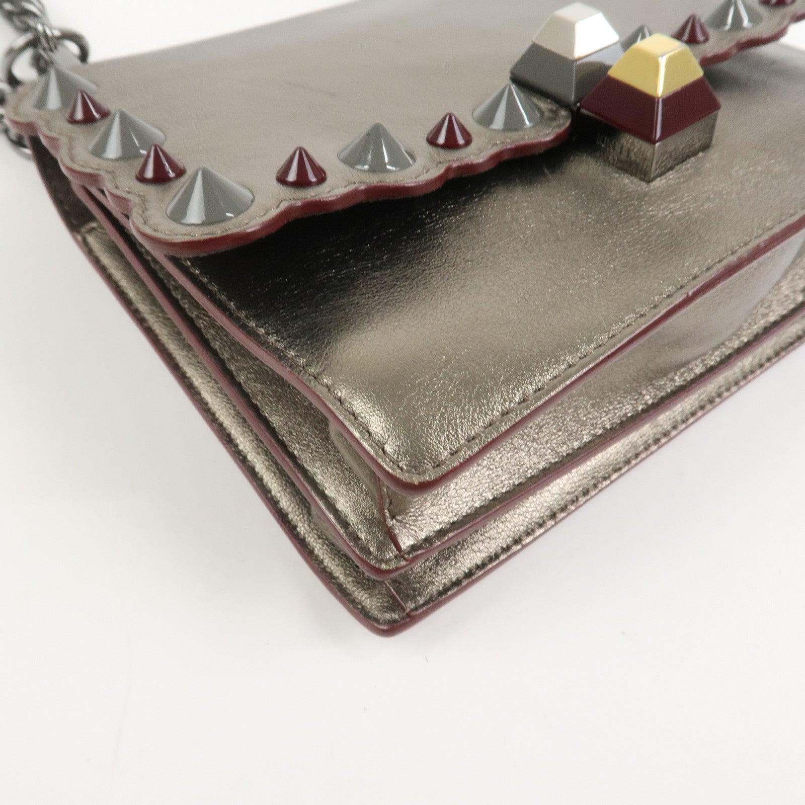 FENDI Mini Kan I Leather Chain Shoulder Bag Metallic Gray 8M0381